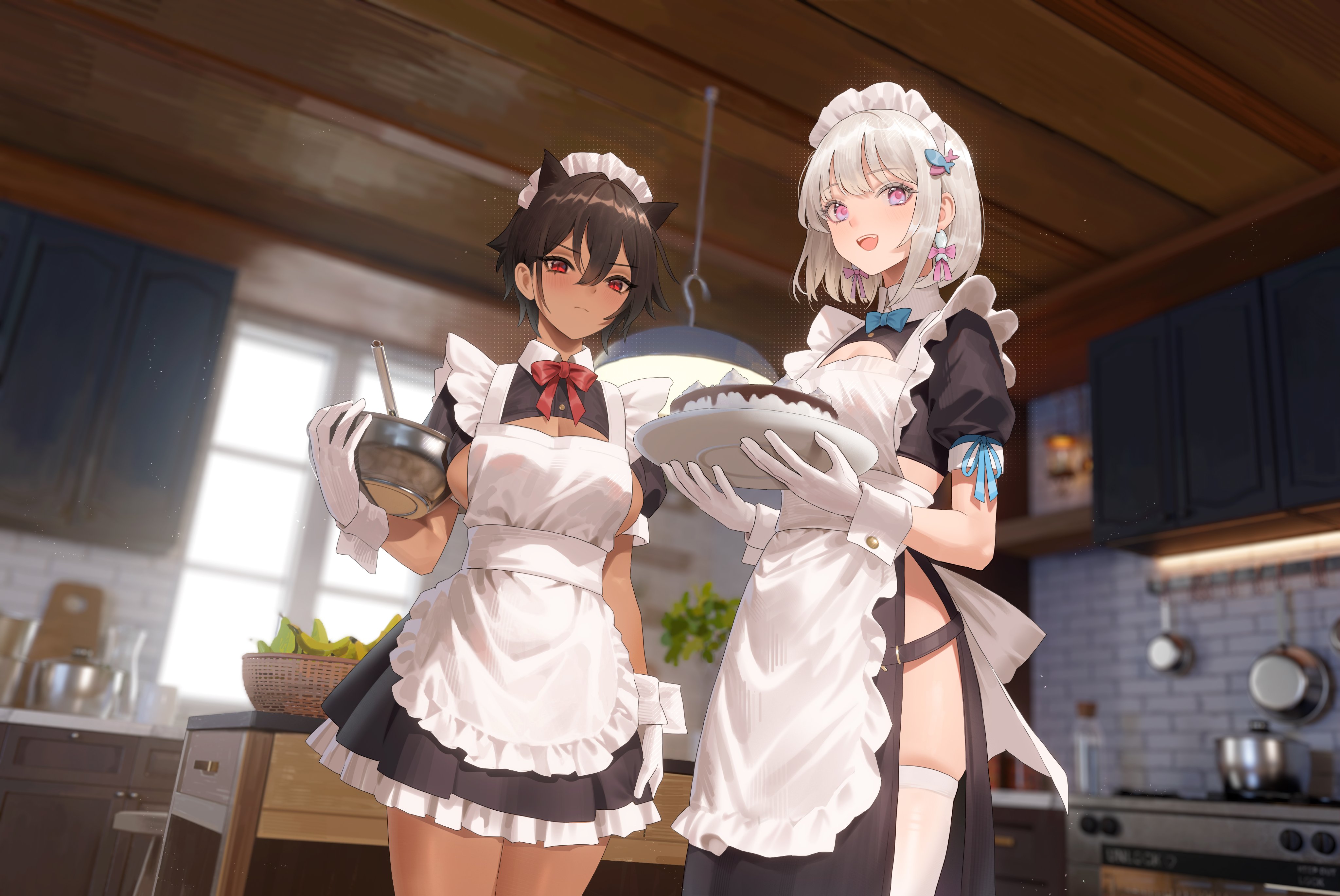 Maid Cat Girl Dark Skin White Hair Anime Girls Low Angle Maid Outfit Gloves Looking At Viewer Kitche 4096x2740