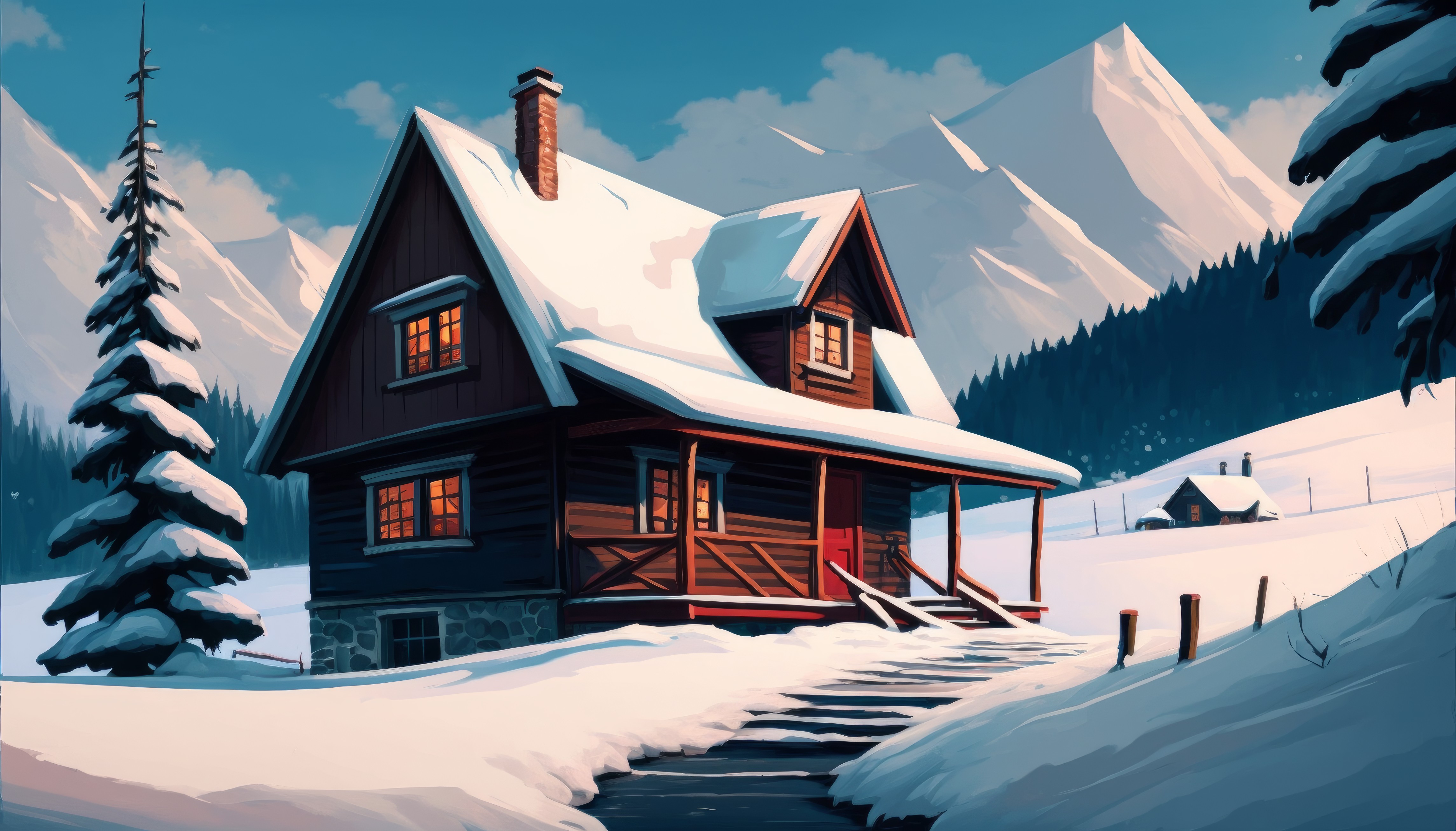 Ai Art Illustration Winter Snow House Mountains Trees Stairs 4579x2616