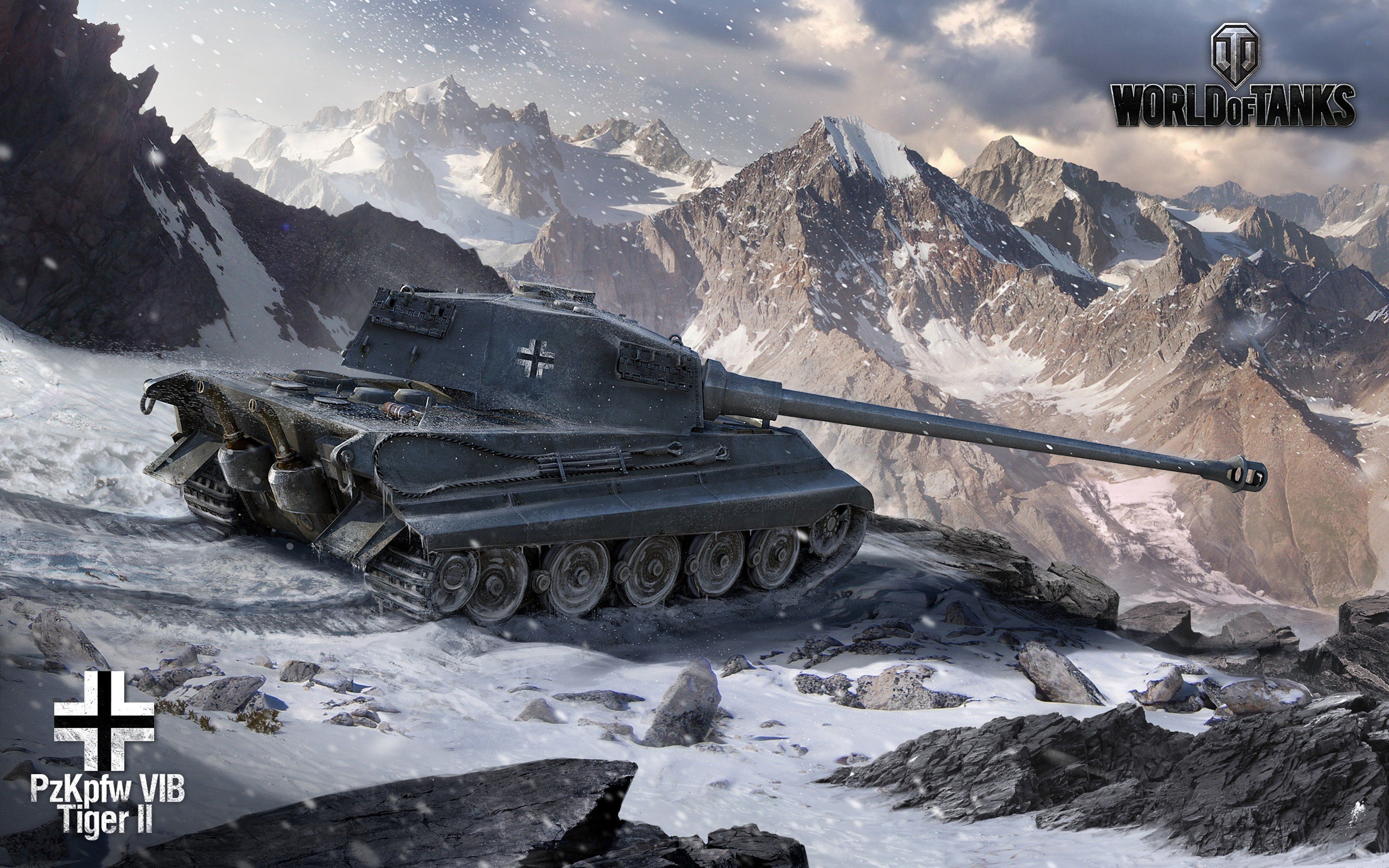 Tiger Ii World Of Tanks Tank Video Games Video Game Art Snow Mountains Logo Clouds Sky 4000x2500
