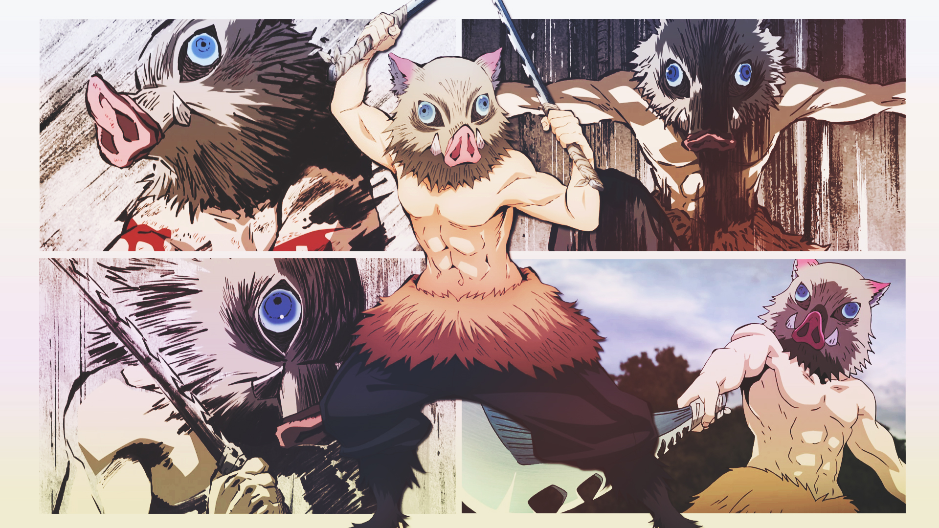 Collage DinocoZero Kimetsu No Yaiba Inosuke Hashibira Anime Anime Boys Shirtless Abs Muscles 1920x1080