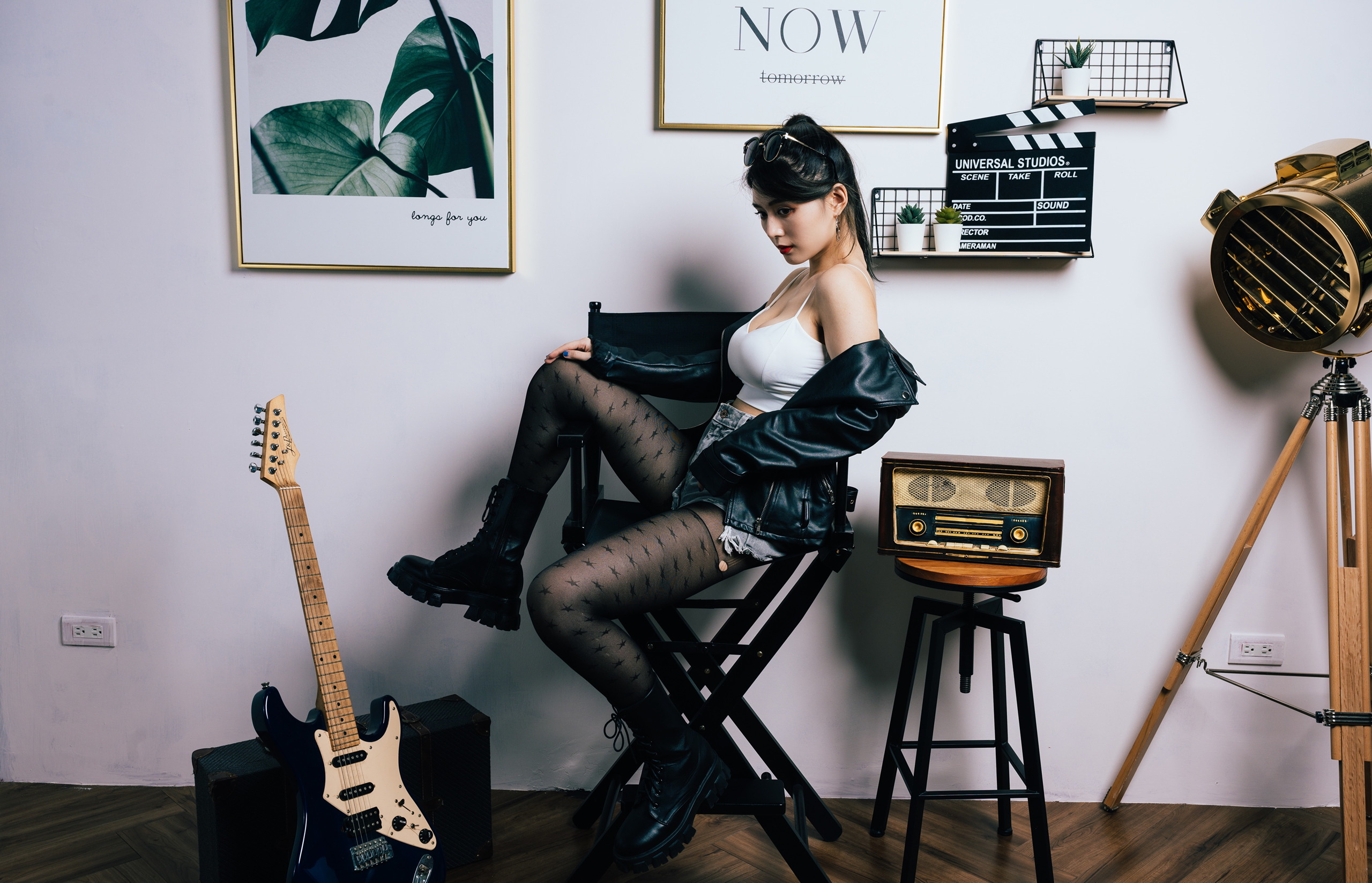 Asian Model Women Long Hair Dark Hair Sitting Chair Guitar Radio Picture Frames Nylons Ankle Boots J 2560x1647