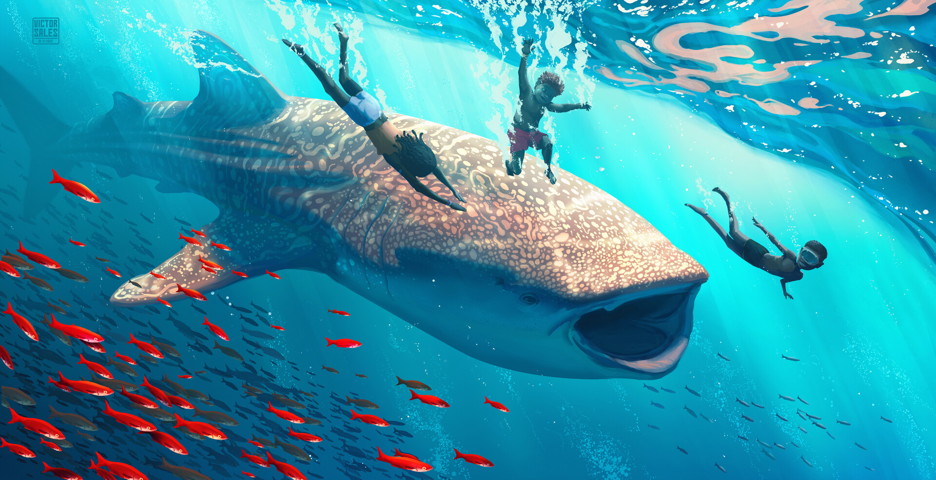 Victor Sales Digital Art Fantasy Art Water ArtStation Underwater Whale Whale Shark Fish Children Div 1920x986