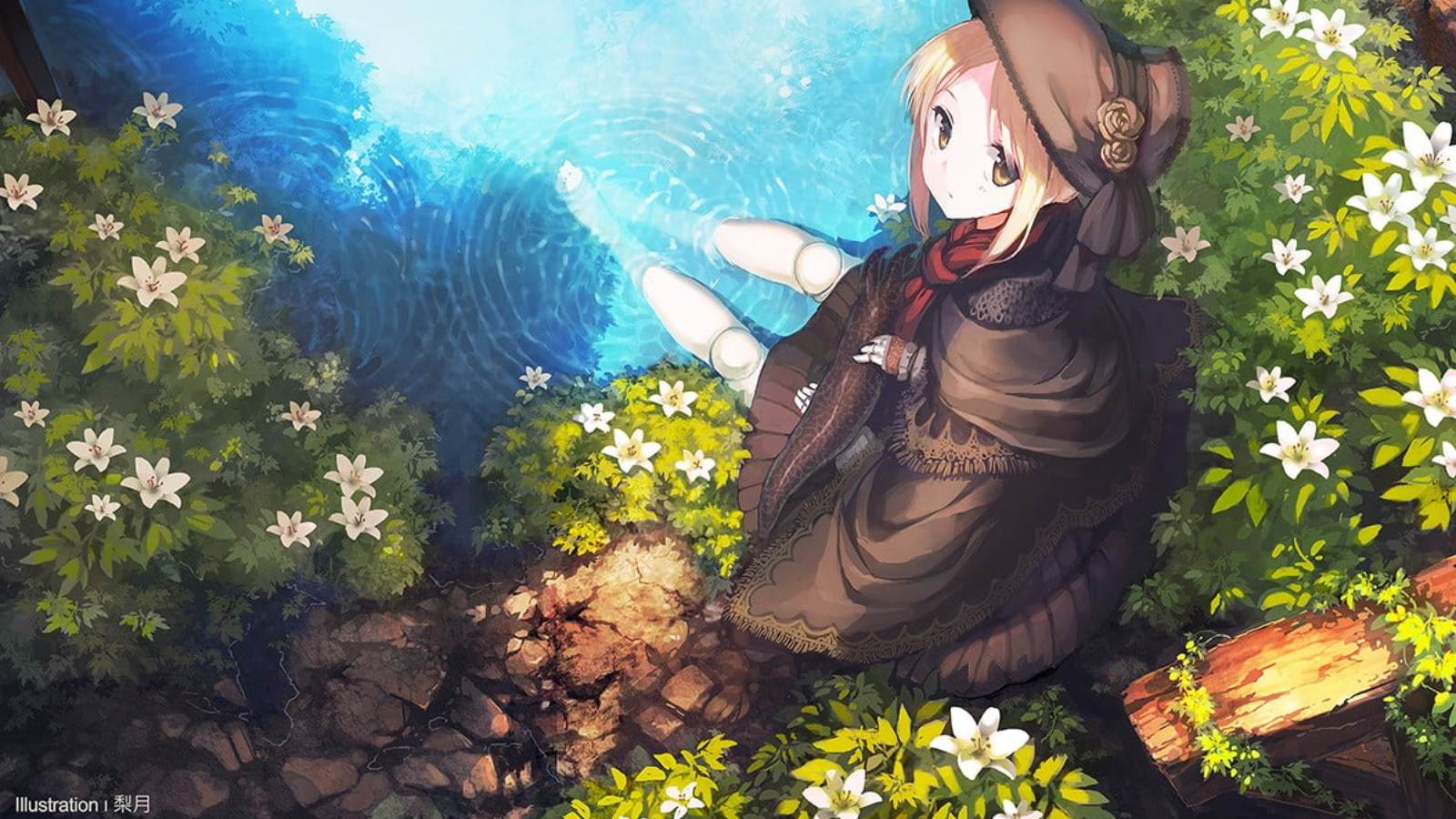 Anime Girls Blonde Original Characters Hat Coats Scarf Pond High Angle Flowers Leaves Plants Water L 1600x900