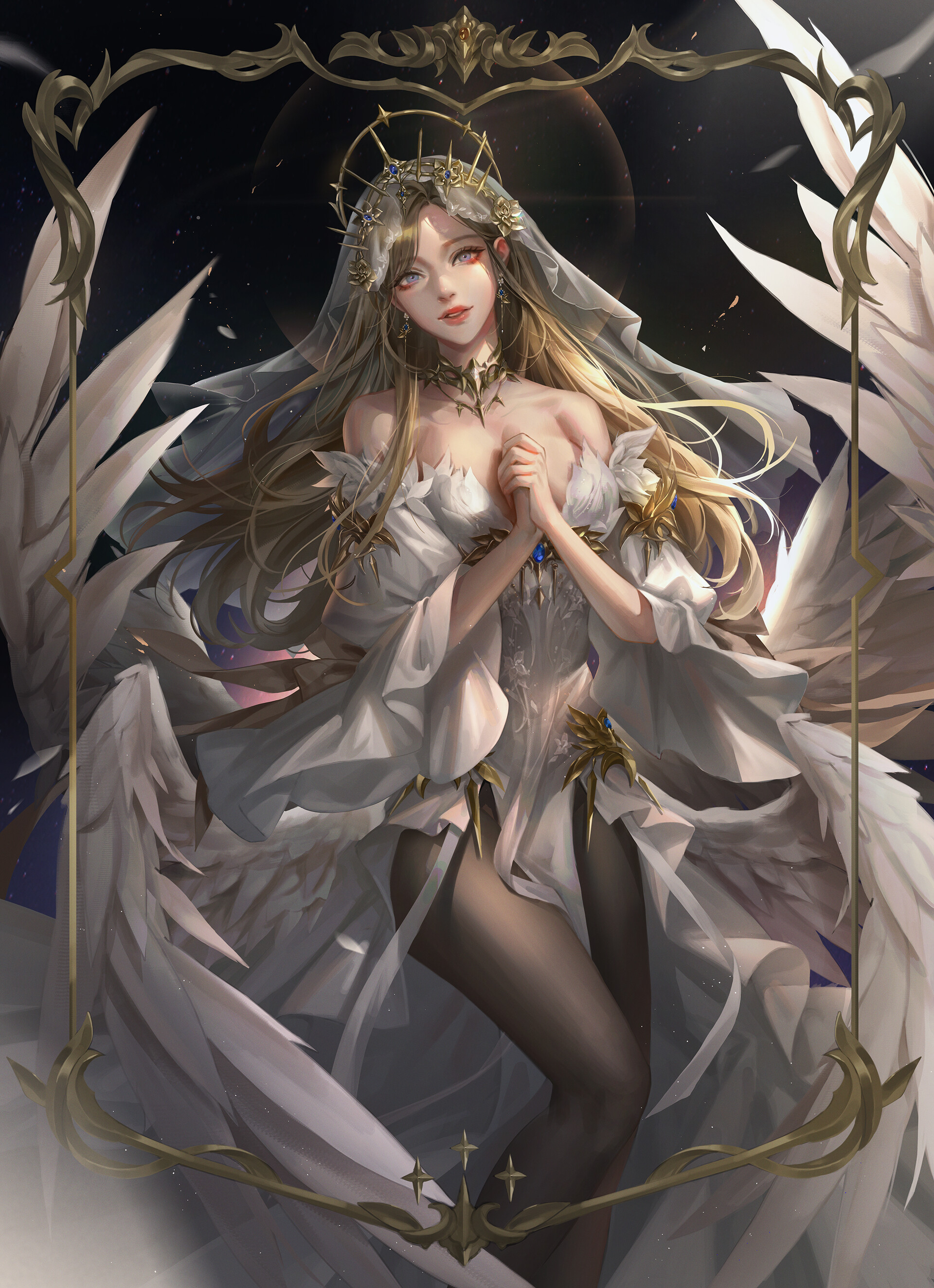 Shumolly Drawing Women Blonde Veils White Clothing Dress Crown Fantasy Art Wings Angel Wings 1920x2649