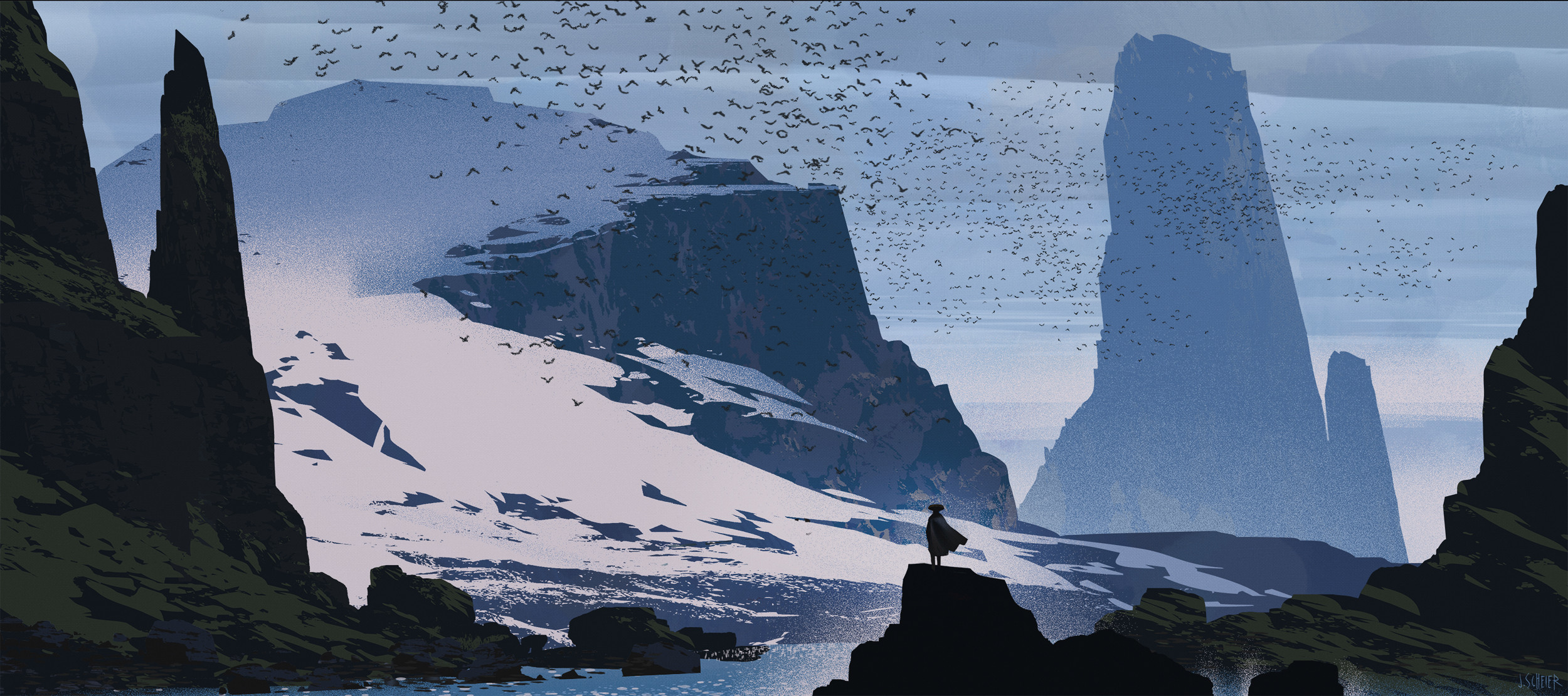Jason Scheier Digital Art Artwork Illustration Landscape Nature Mountains Birds Animals Snow Water 2500x1111