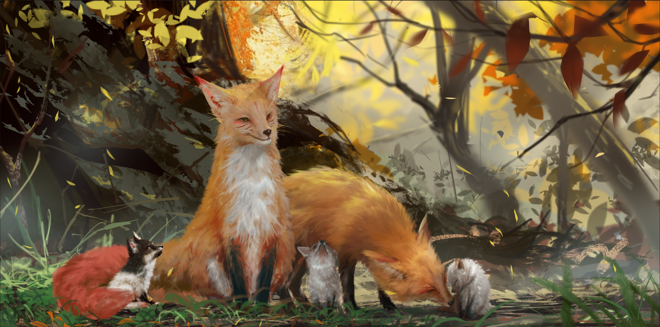2D Artwork Drawing Illustration Fox Animals Family Forest Environment Ydiya Kai 2582x1279