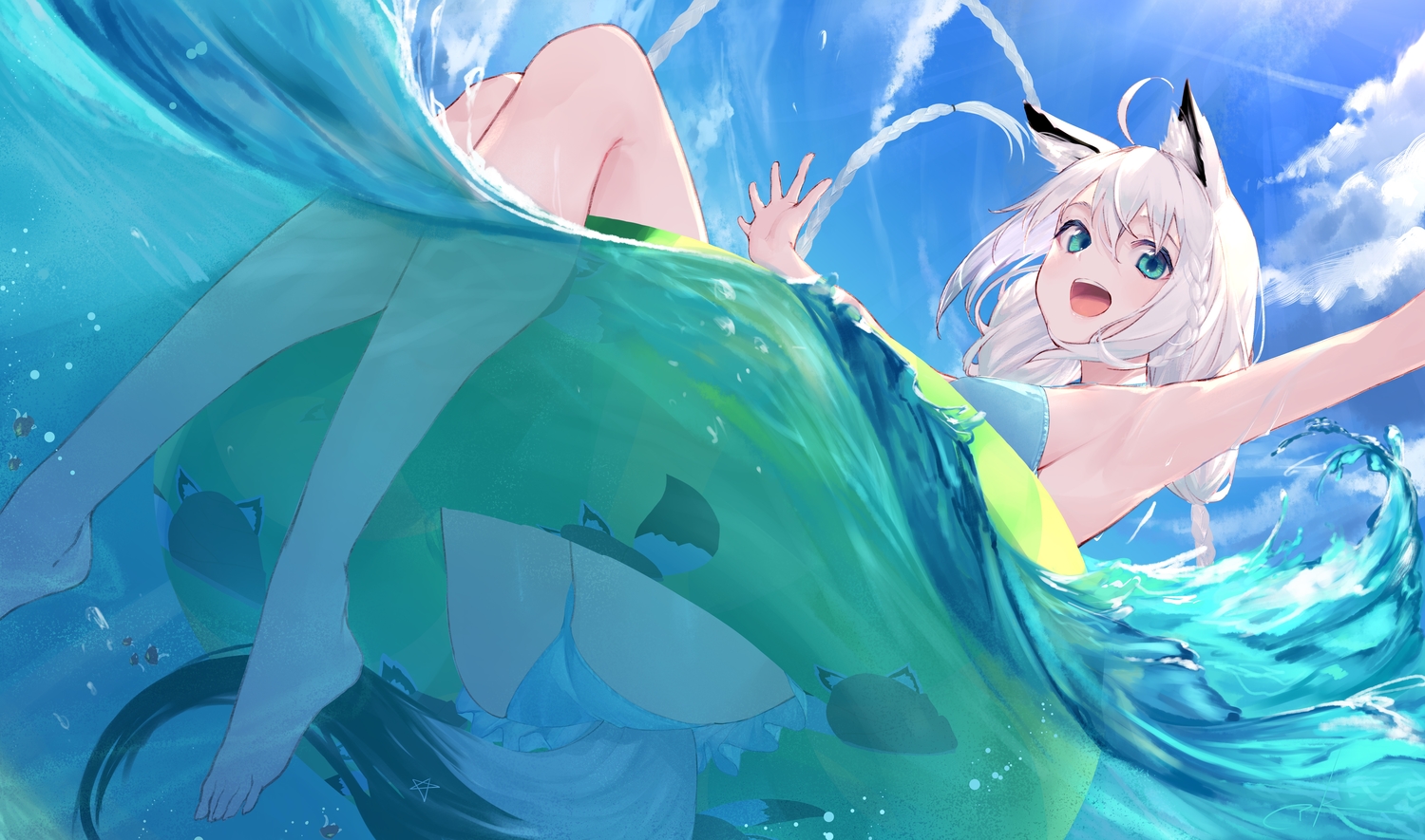 Anime Anime Girls Water Armpits Floater Looking At Viewer Fox Girl Fox Ears Fox Tail Two Tone Hair C 1500x885