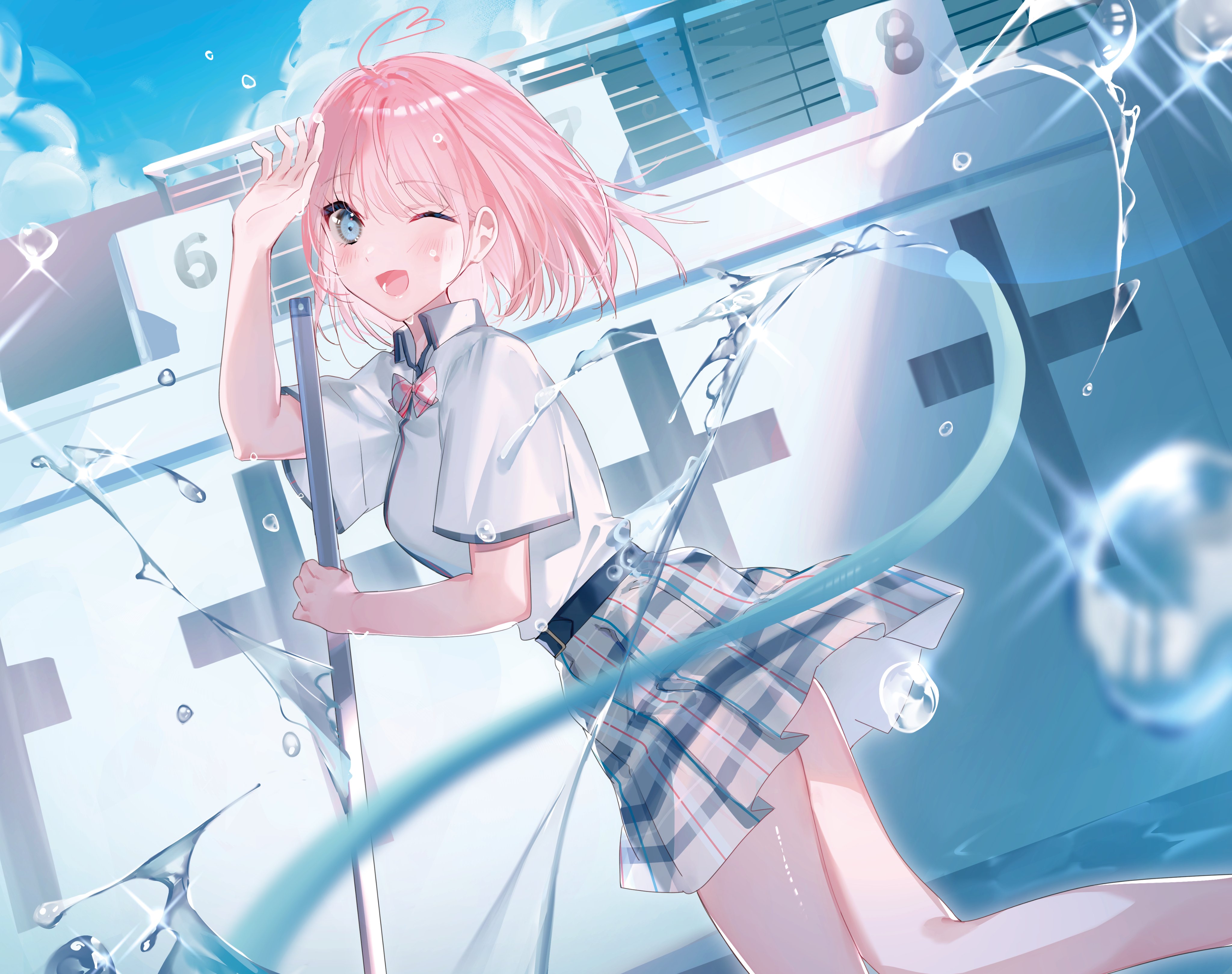 Anime Anime Girls Pink Hair Sky Clouds Skirt Plaid Skirt Happy One Eye Closed School Uniform Water 4096x3239