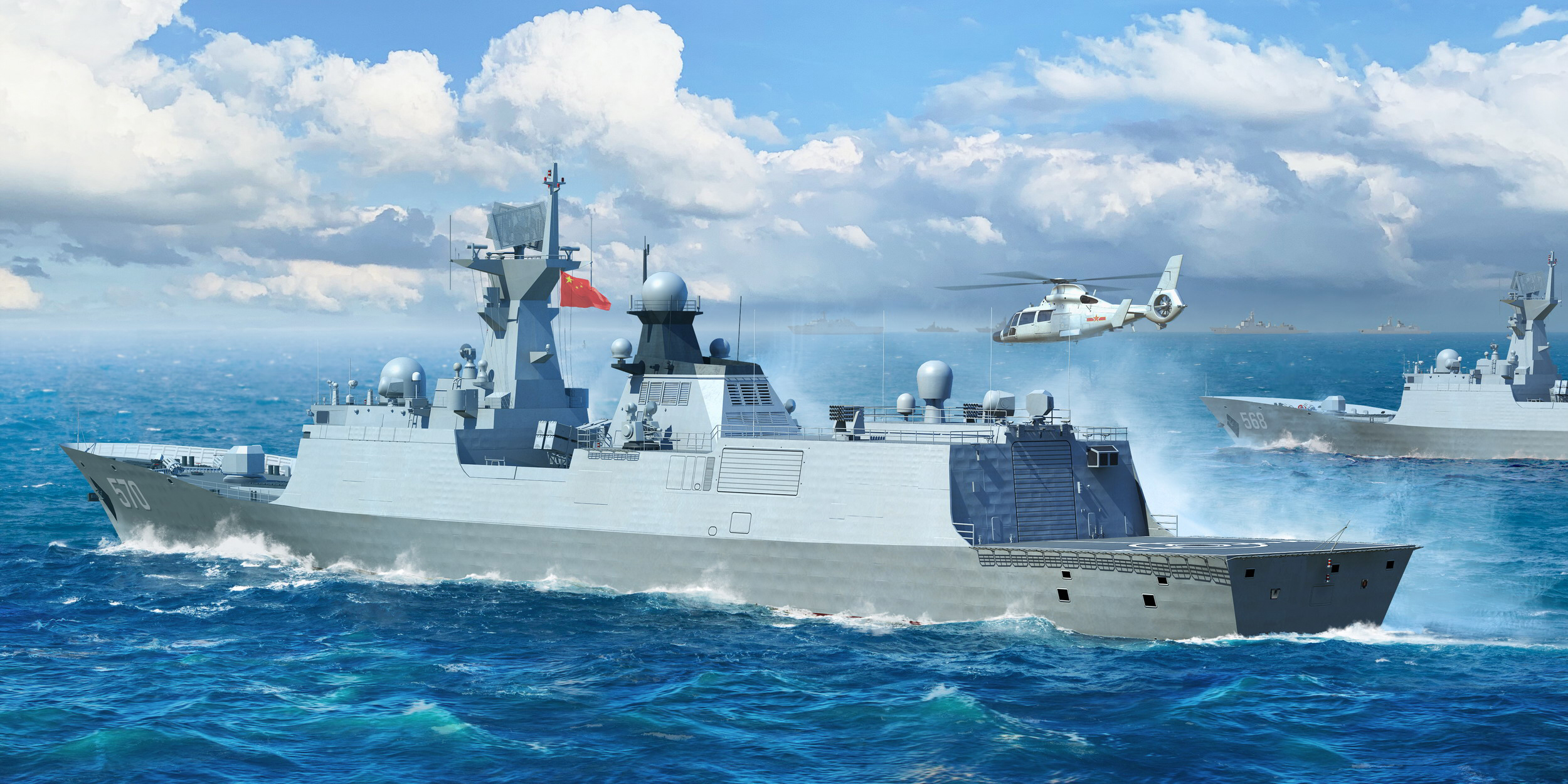 PLA NAVY Water Boat Clouds Sky Aircraft Military Vehicle Waves Sea Warship 054A 2500x1250
