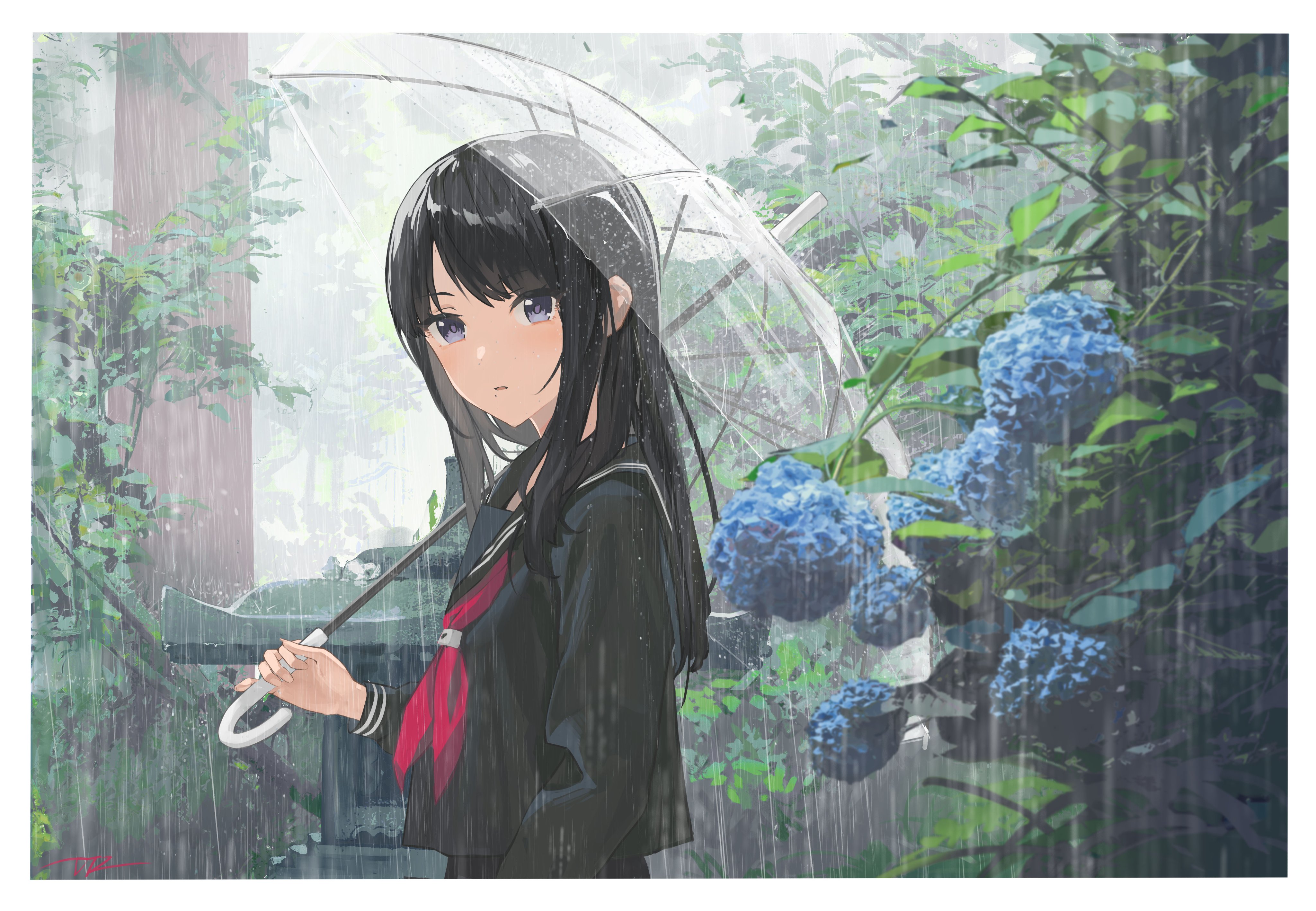 Anime Girls Rain Umbrella Looking At Viewer Flowers Standing Schoolgirl School Uniform Long Hair Lea 4096x2836