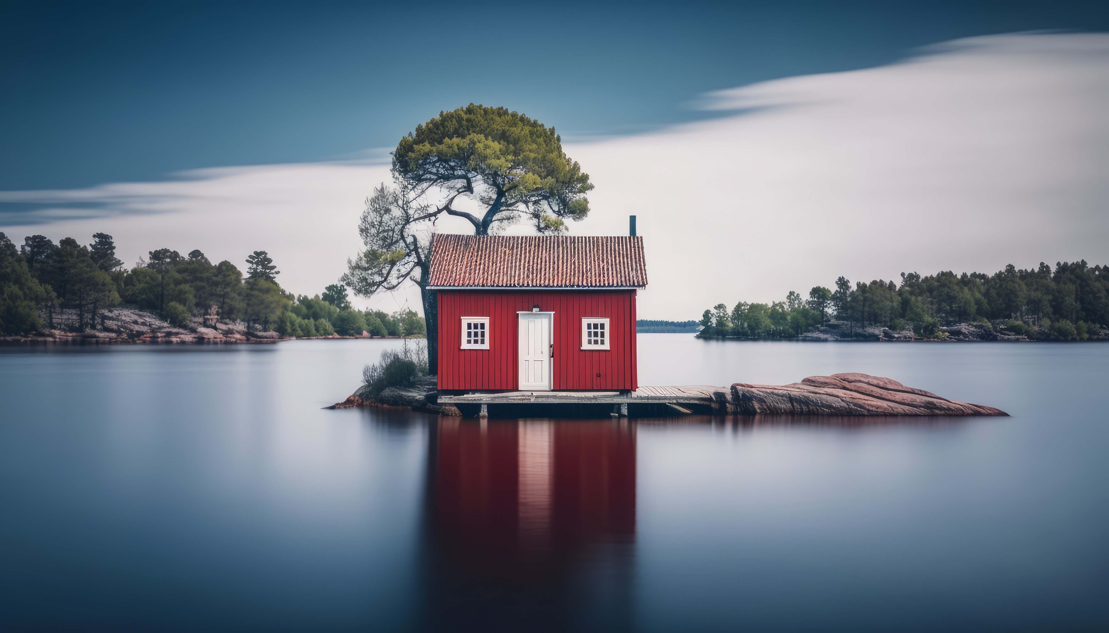 Ai Art Sweden Cottage Island Water Reflection Trees Sky 4579x2616