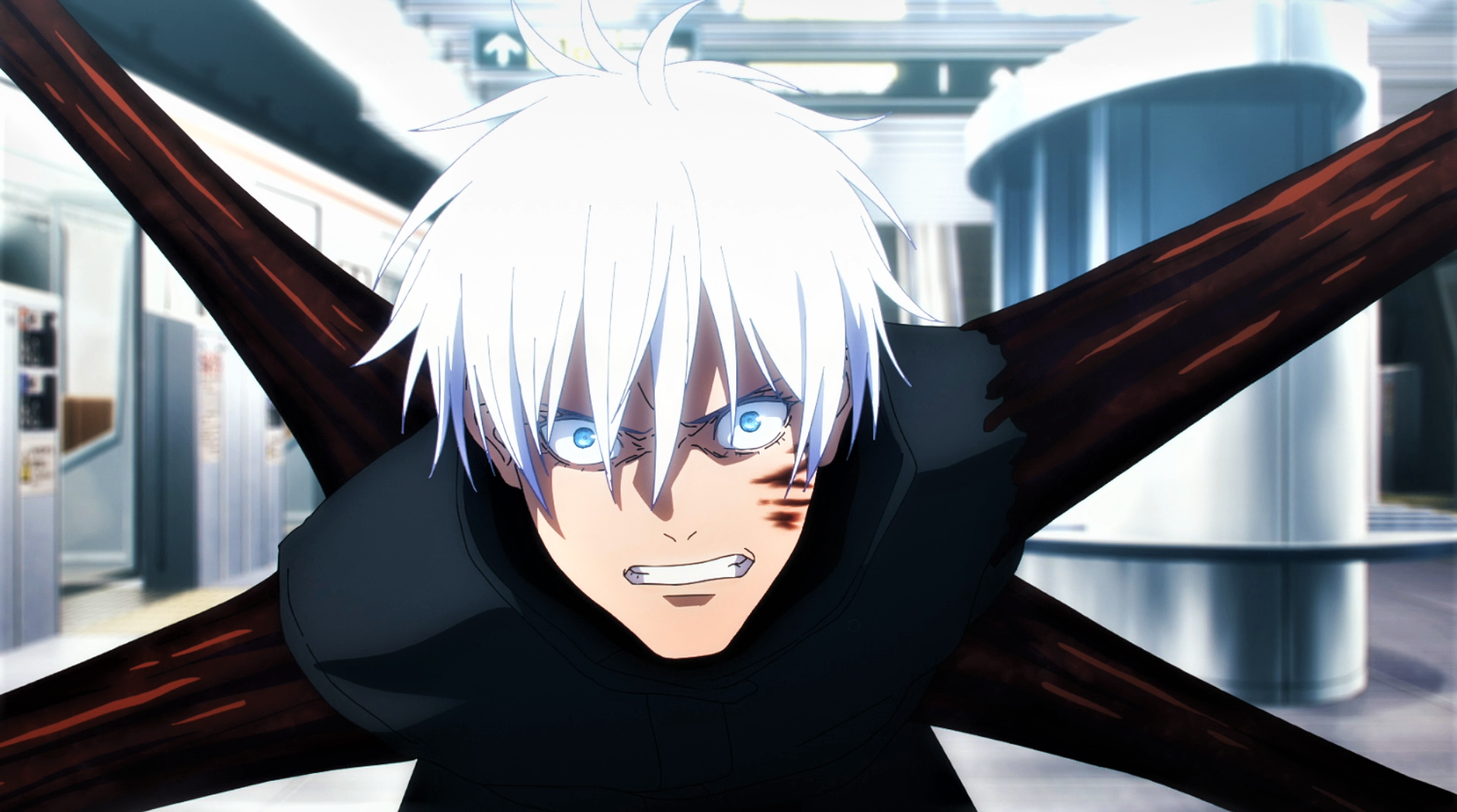 Jujutsu Kaisen Satoru Gojo White Hair Blue Eyes Glowing Eyes Uniform Angry Anime Anime Screenshot Lo 1920x1071