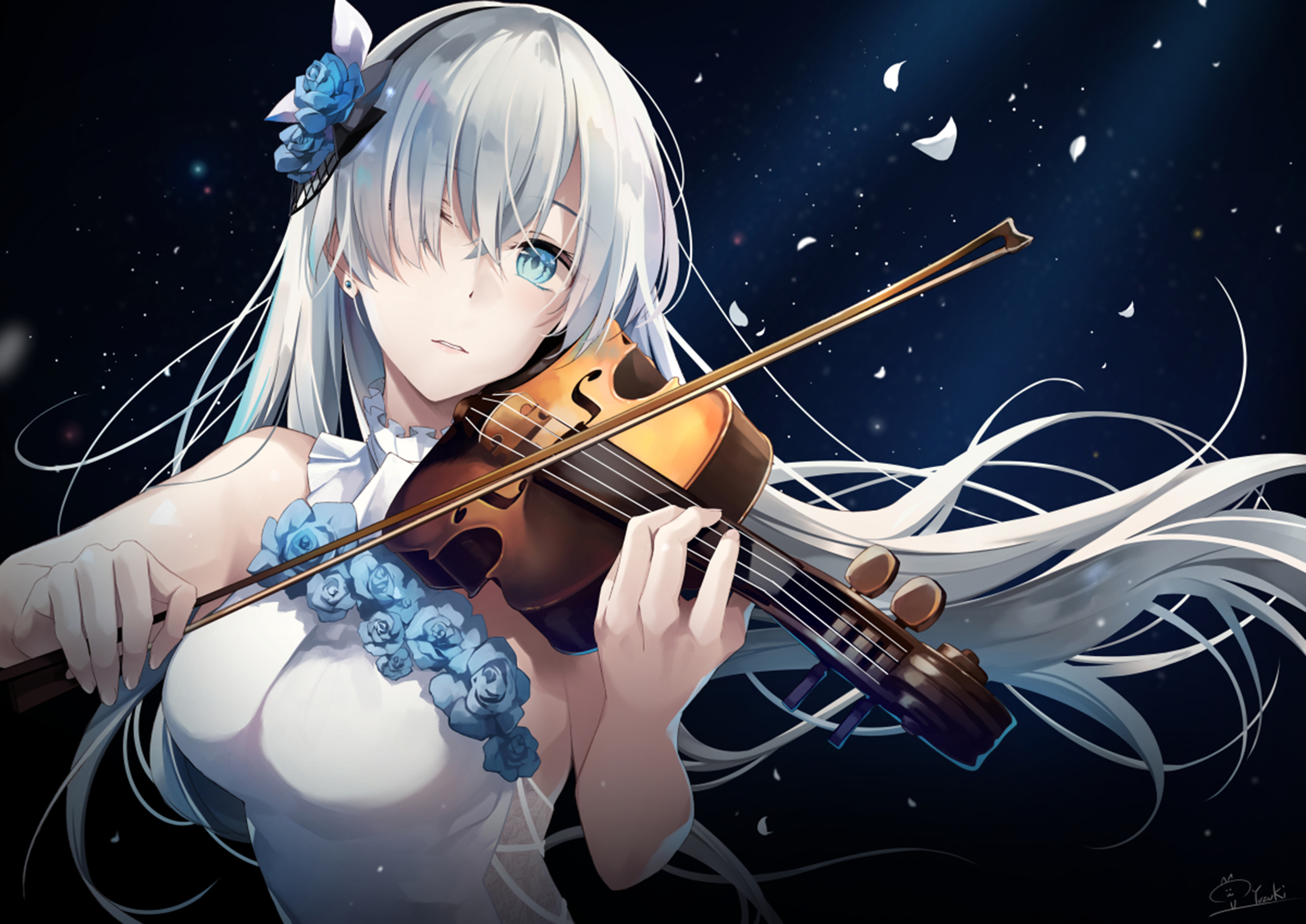 Anime Anime Girls Musical Instrument Hair In Face Violin Flower In Hair Long Hair Flowers Face Blue  3000x2123