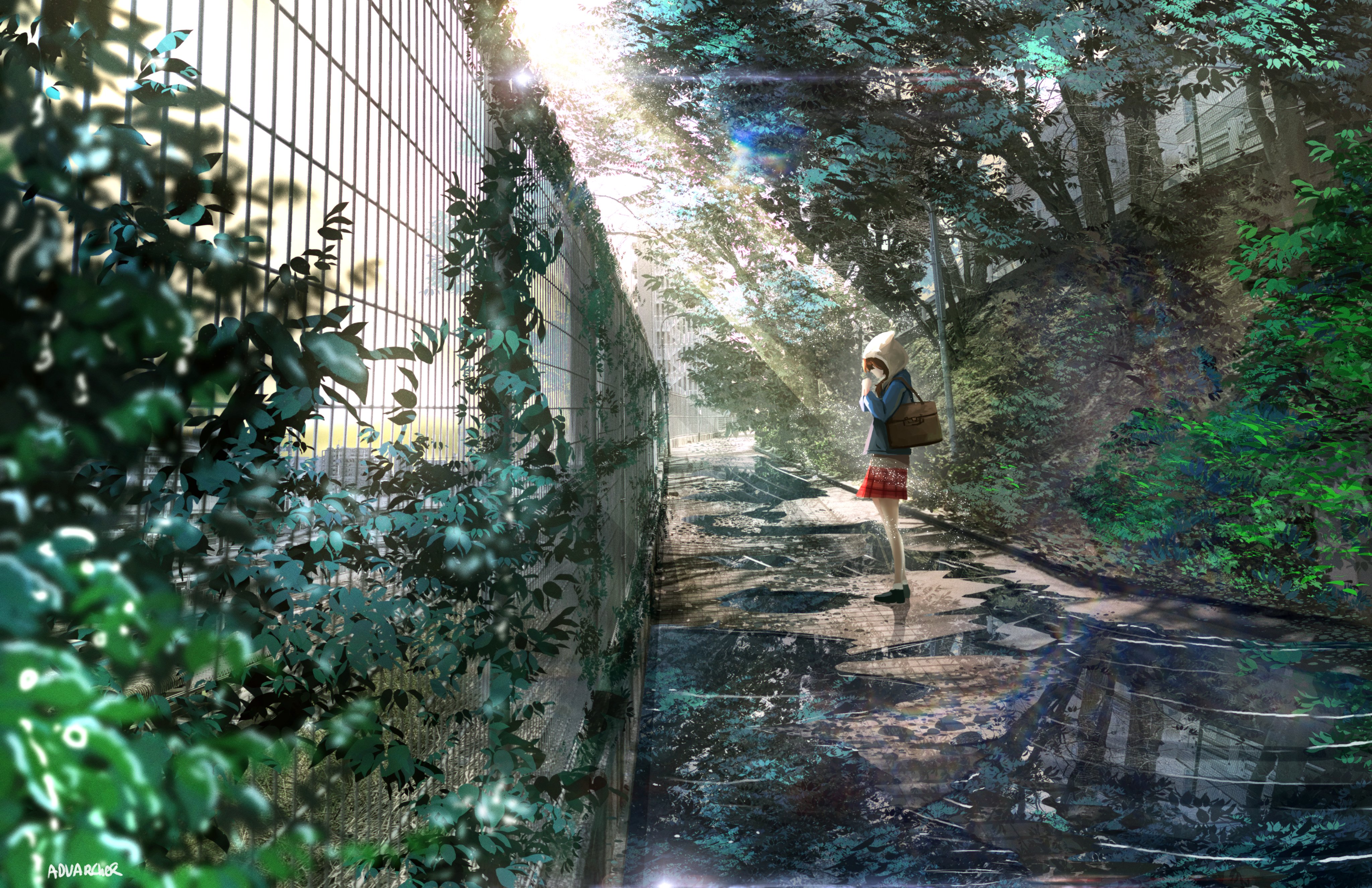 Weathering With You Tenki No Ko Anime Girls Leaves Bag Sunlight Schoolgirl School Uniform Fence Refl 4096x2650