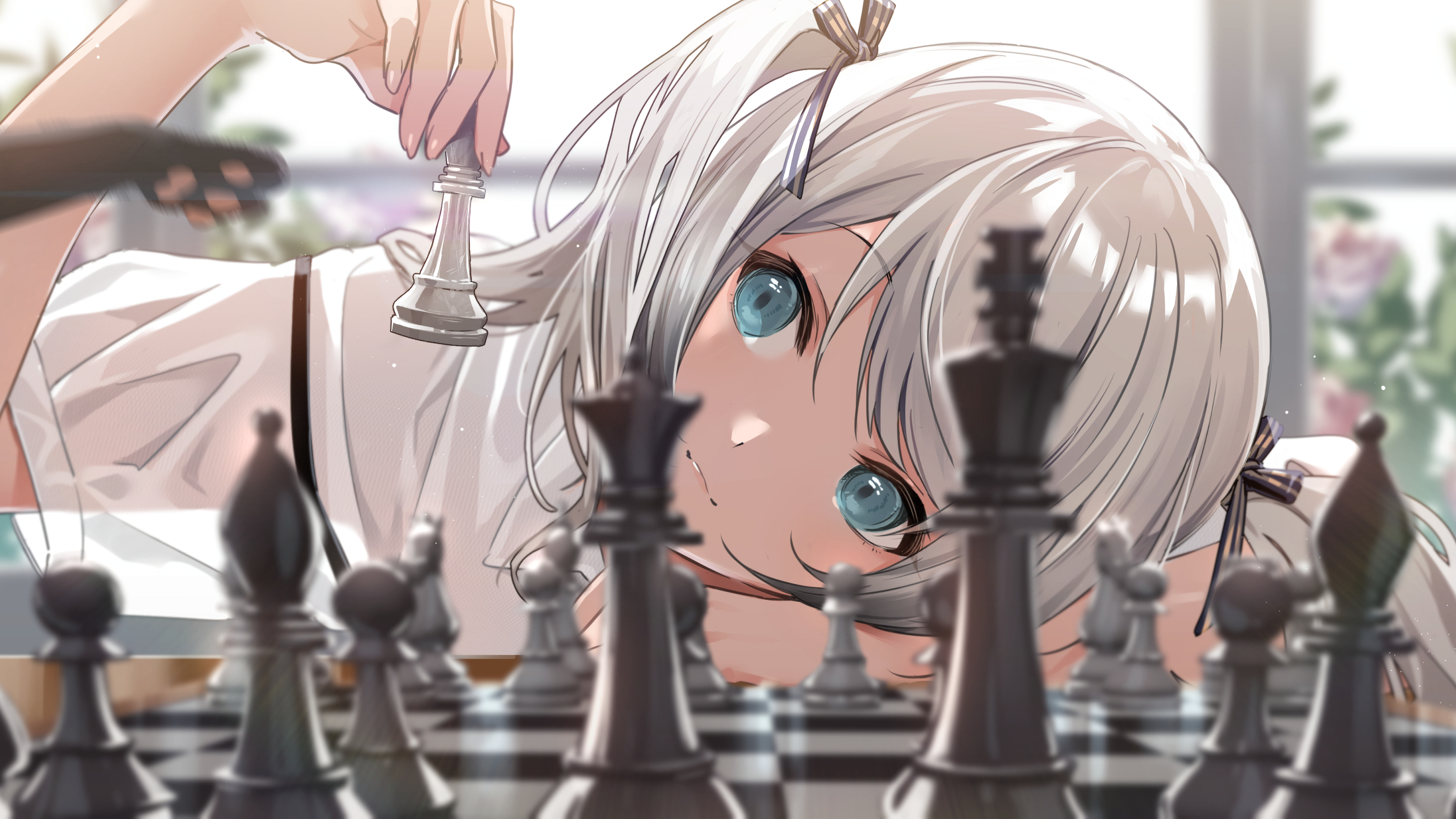 Anime Anime Girls Women Chess Women Indoors Depth Of Field Silver Hair Twintails Blue Eyes POV White 2949x1659