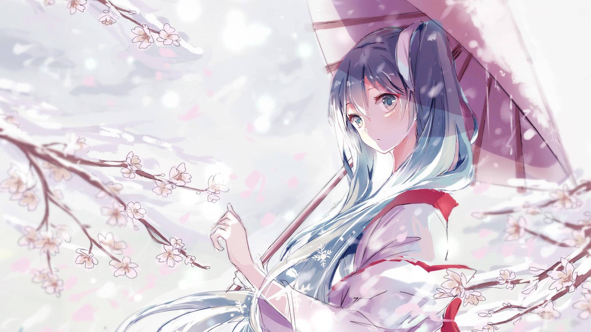 Anime Girls Vocaloid Hatsune Miku Yuki Miku Umbrella Looking At Viewer Snow Flowers Twintails Long H 1920x1080