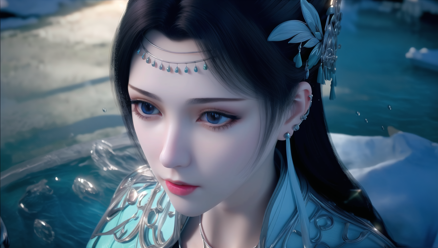 Daike Chinese Anime Dou Po Cang Qiong CGi Looking Away Water Water Drops Long Hair Asian Women 1536x872