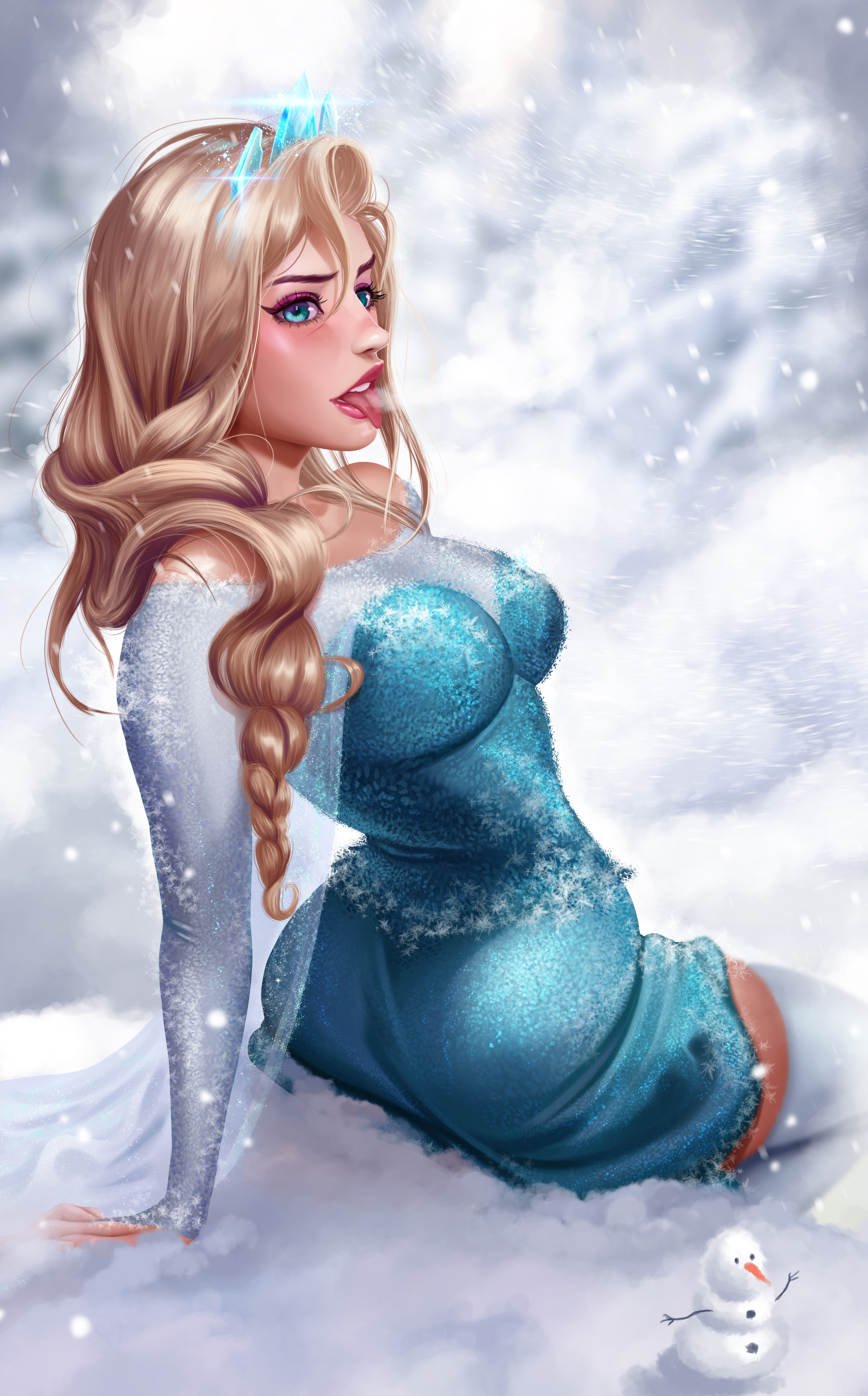 Princess Elsa Frozen Movie Disney Princesses Blonde Snowing Snow Dress Tongue Out Blue Eyes Crown 2D 3731x6000