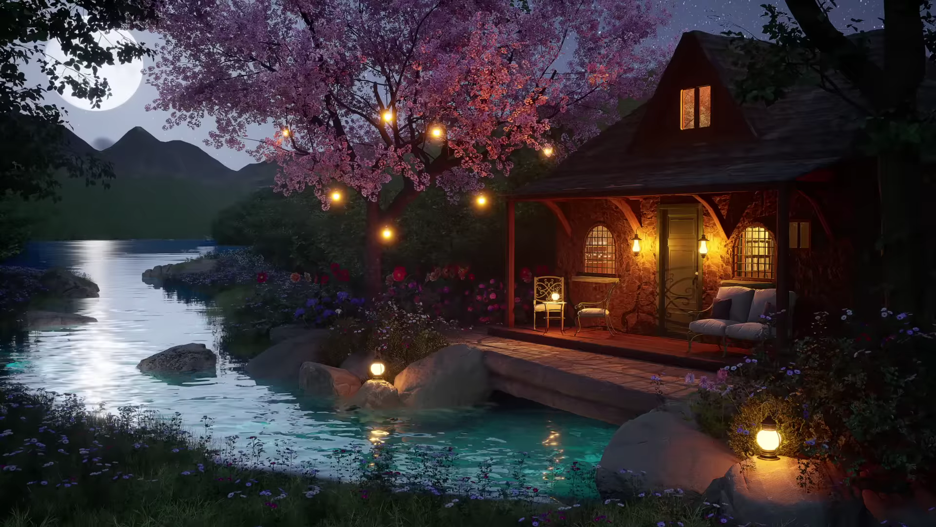 River House Lights Trees Night Moon Water Flowers 1920x1080