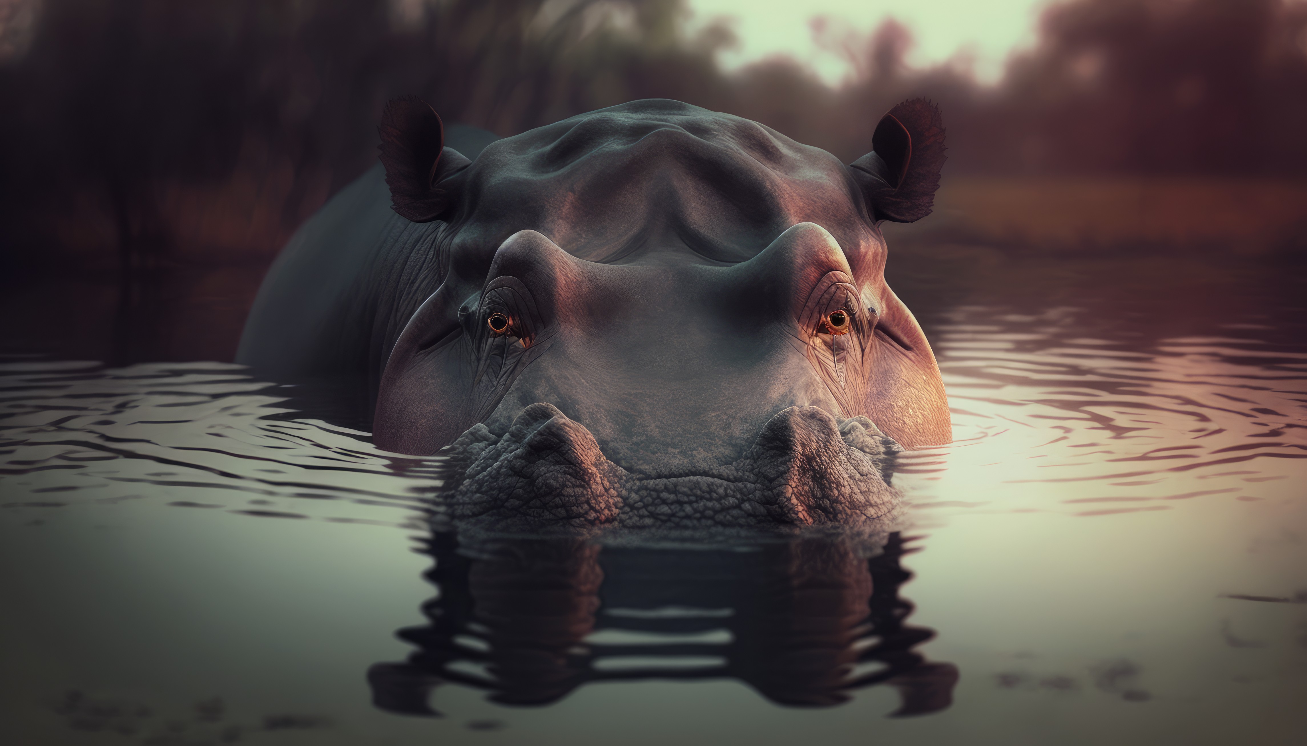Ai Art Hippos Water Animals Nature Stable Diffusion 4579x2616