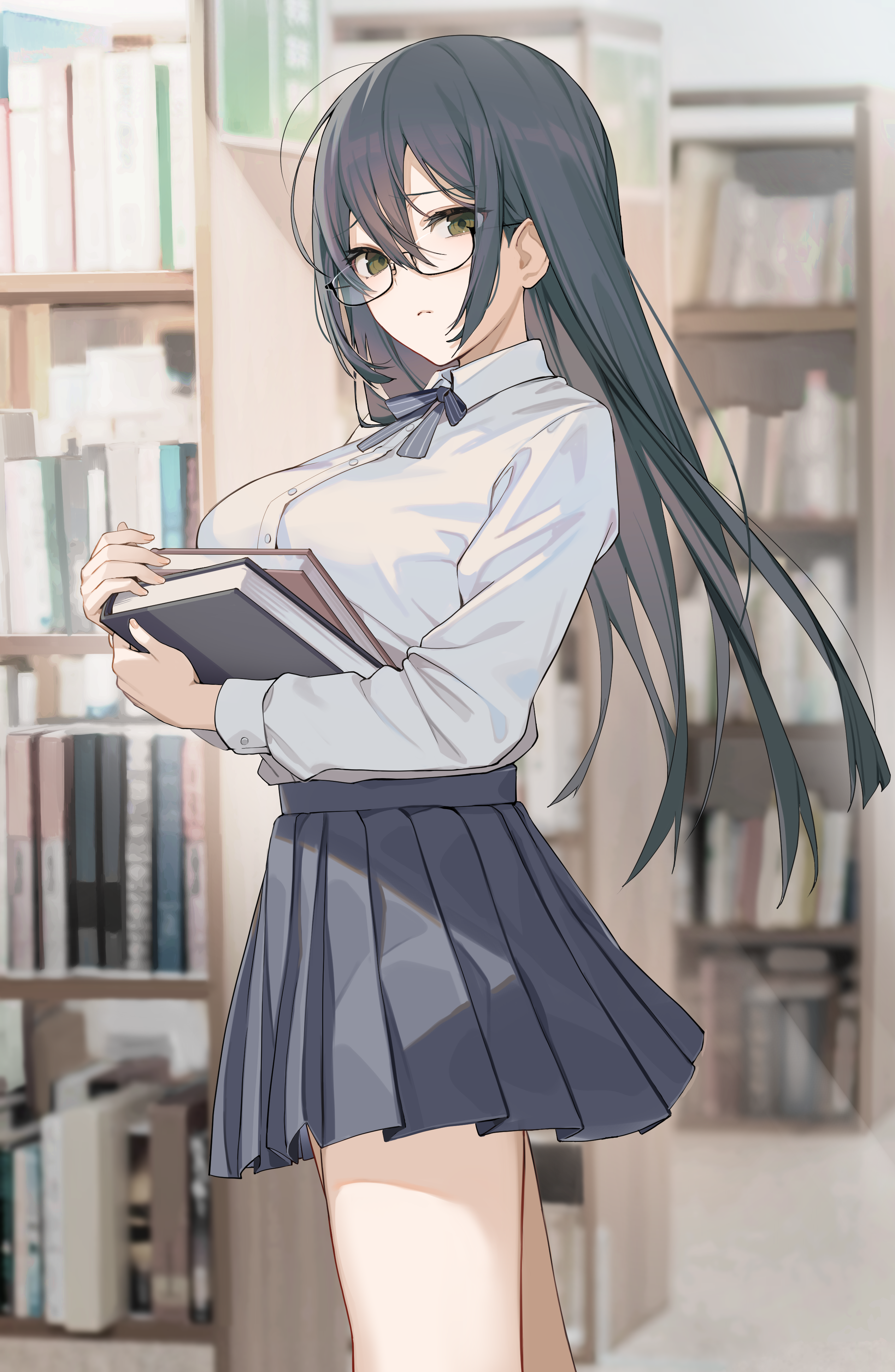 Anime Girls Icomochi Library School Uniform Vertical Schoolgirl Glasses Skirt Books Bow Tie Long Hai 2533x3883