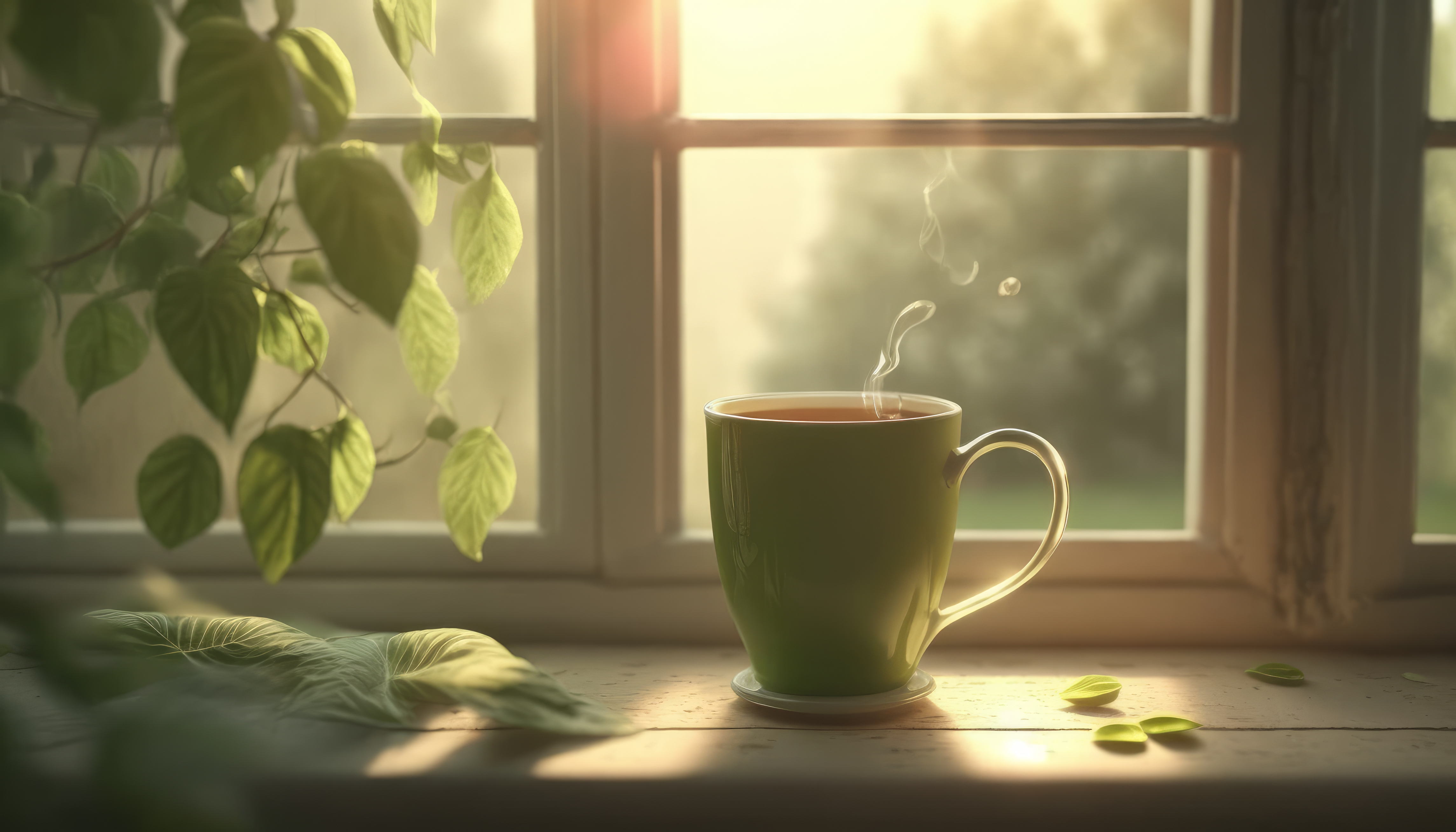Ai Art Illustration Tea Window Sill Leaves Sunlight Window Drink 4579x2616
