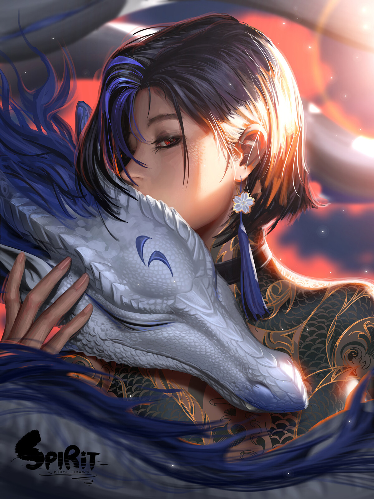 Liang Xing Digital Art Artwork Illustration Women Dark Hair Dragon Portrait Earring Sunlight Tattoo  1200x1600
