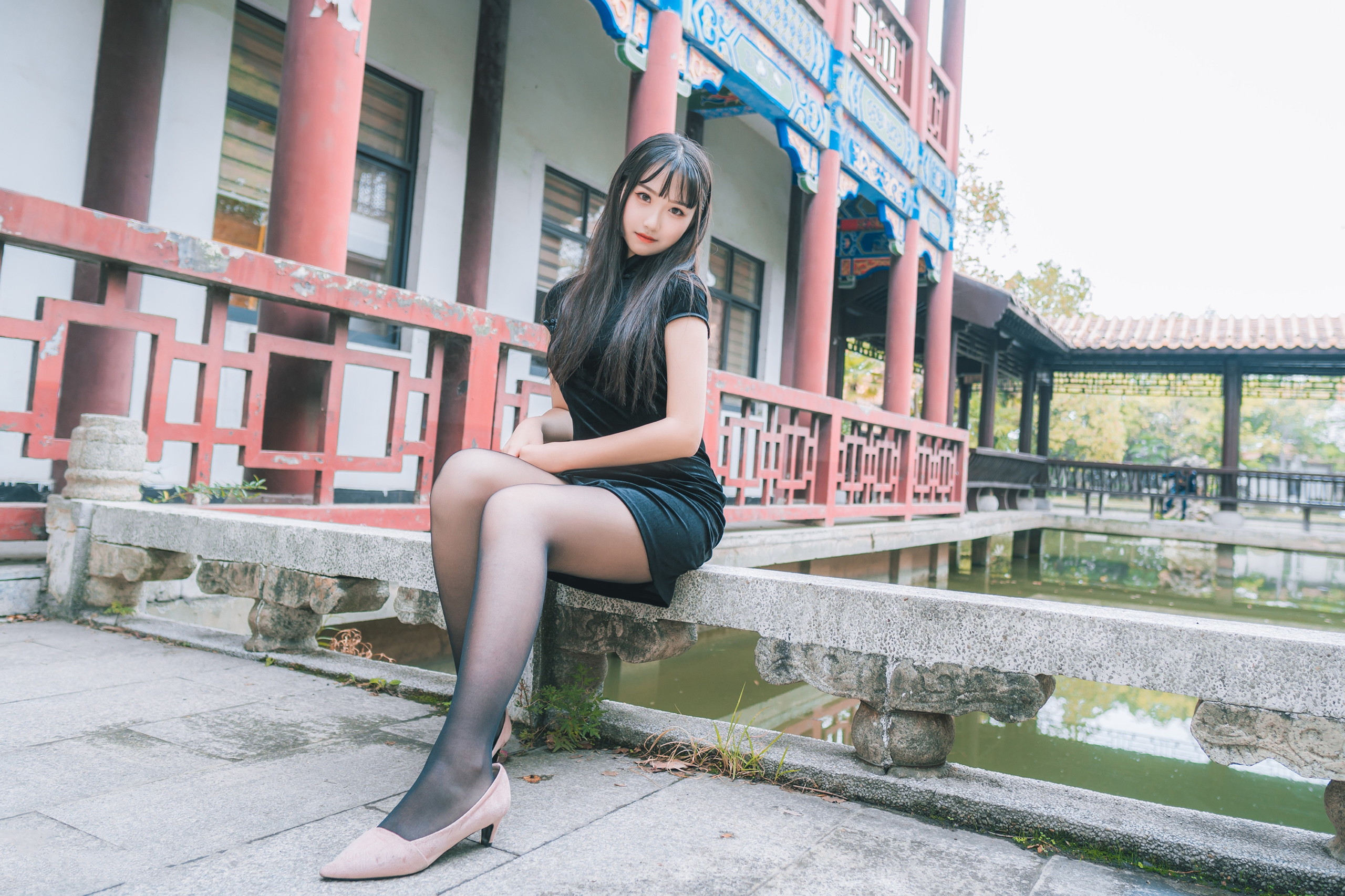 Asian Model Women Long Hair Dark Hair Black Dress Nylons Sitting Column Old Building Lake 2560x1706