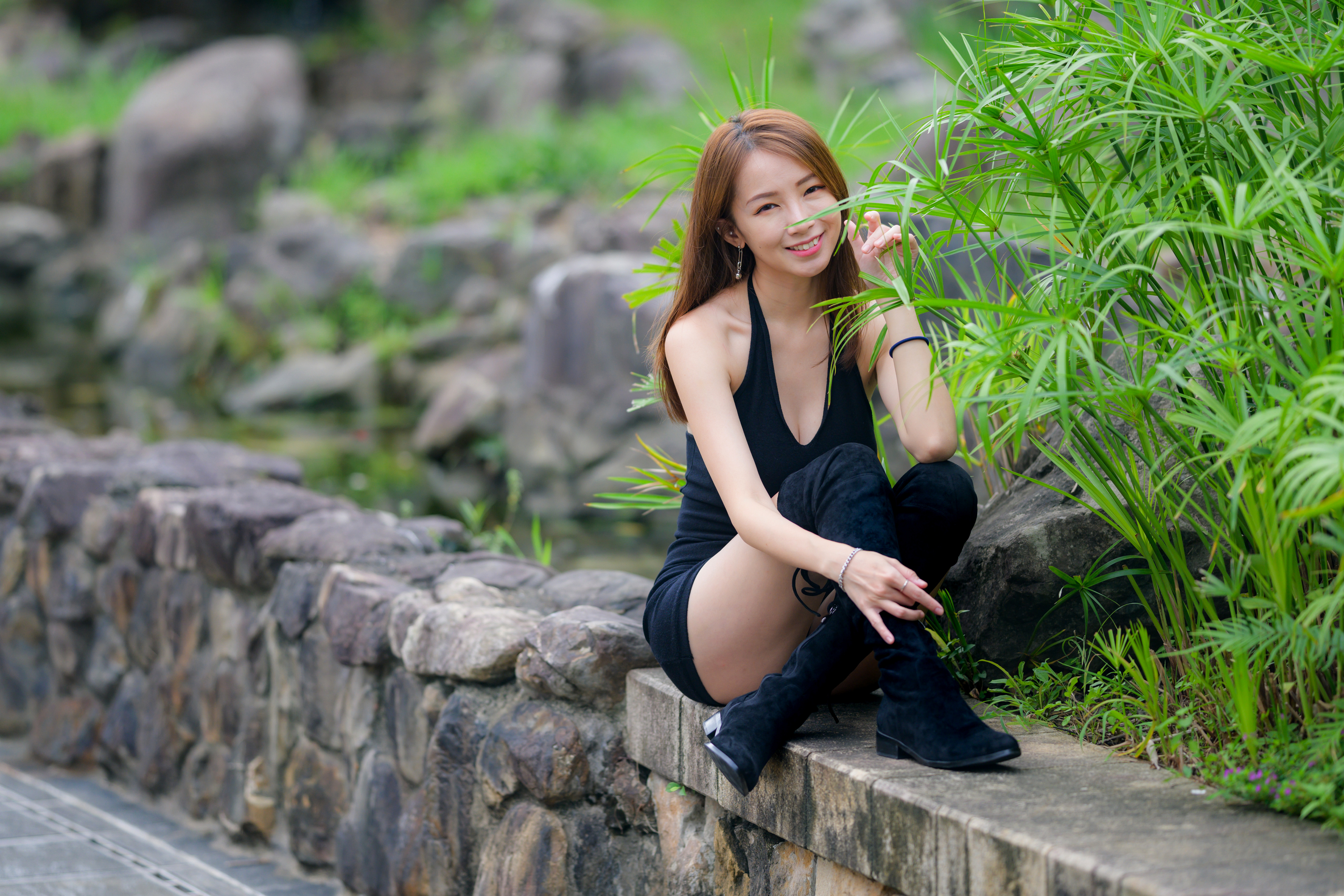 Asian Model Women Long Hair Dark Hair Sitting Black Dress Women Outdoors Smiling 3840x2560