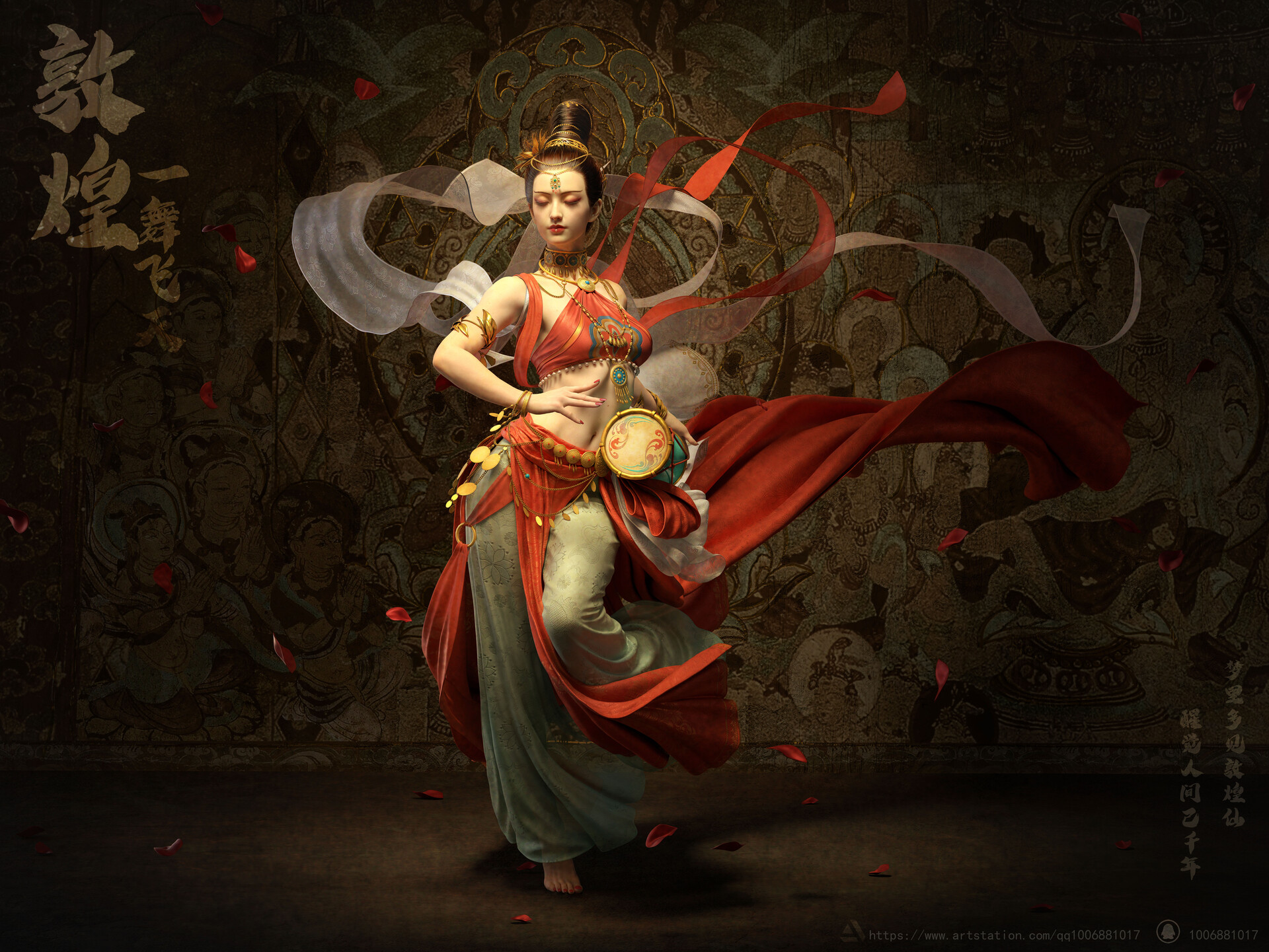 Baogu Er Ba CGi Women Asian Shawl Pattern Digital Art Dancing Petals Watermarked Jewelry Closed Eyes 1920x1441