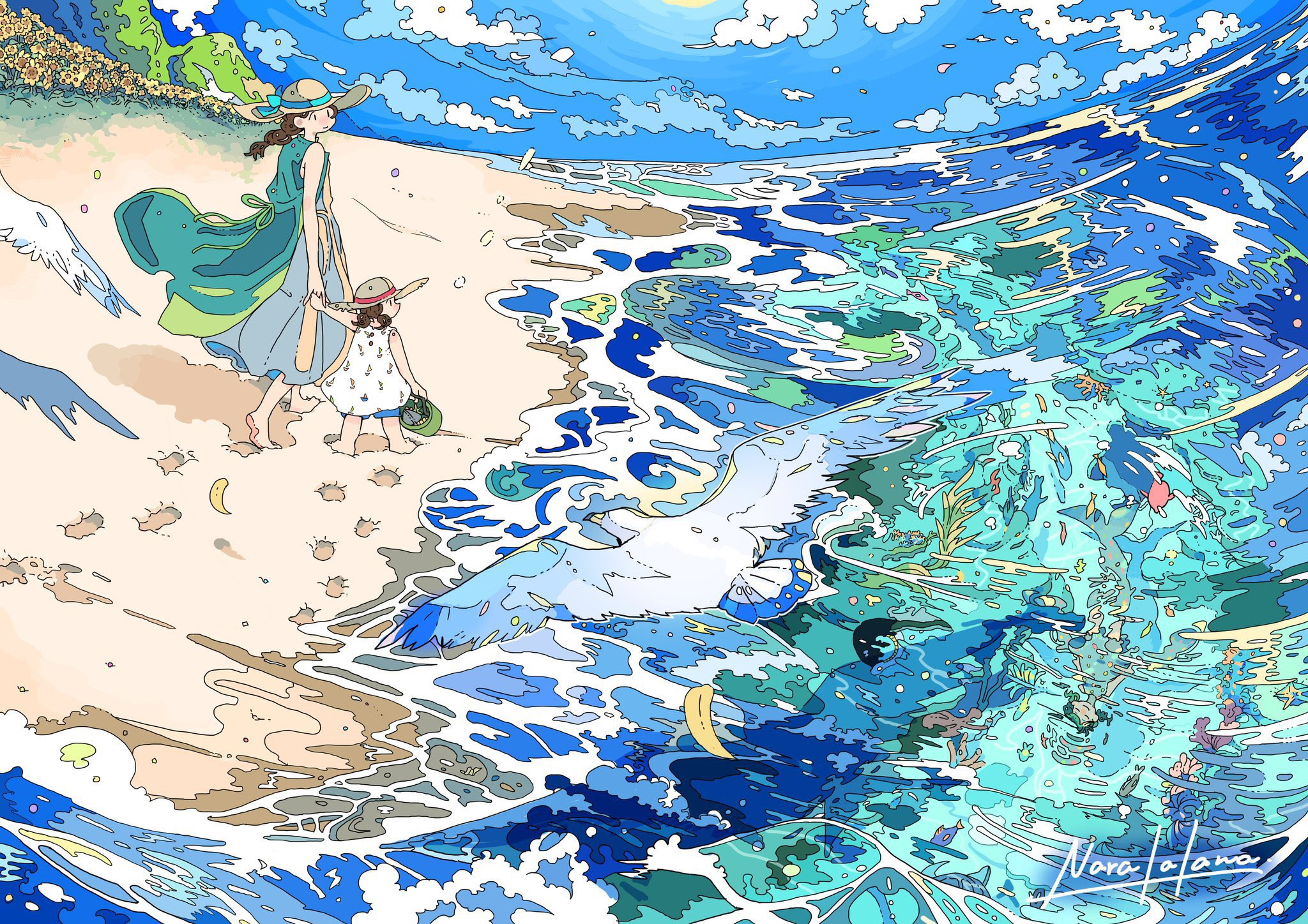 Beach Sea Gulls Anime Girls Water Straw Hat Artwork Colorful 2048x1448
