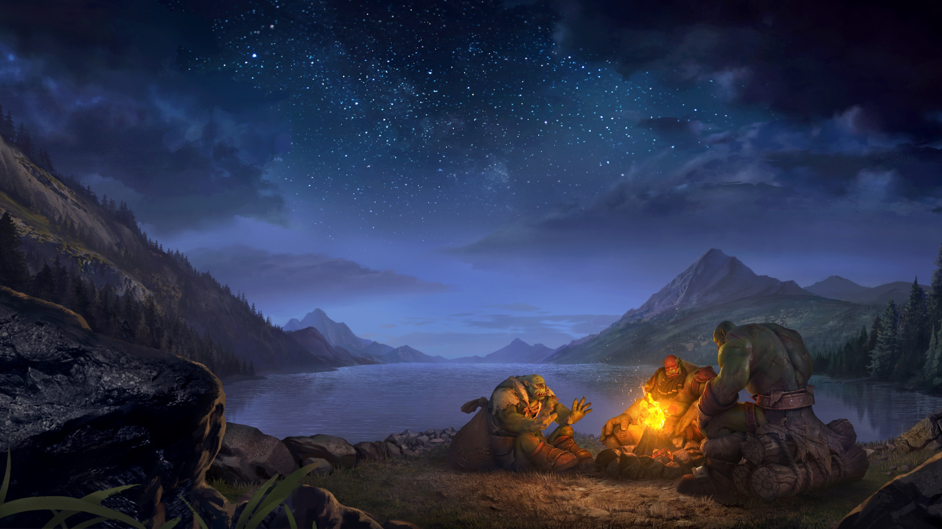 Warcraft Orcs Night Video Games Campfire Video Game Characters Sky Video Game Art Water Stars Leaves 1920x1080
