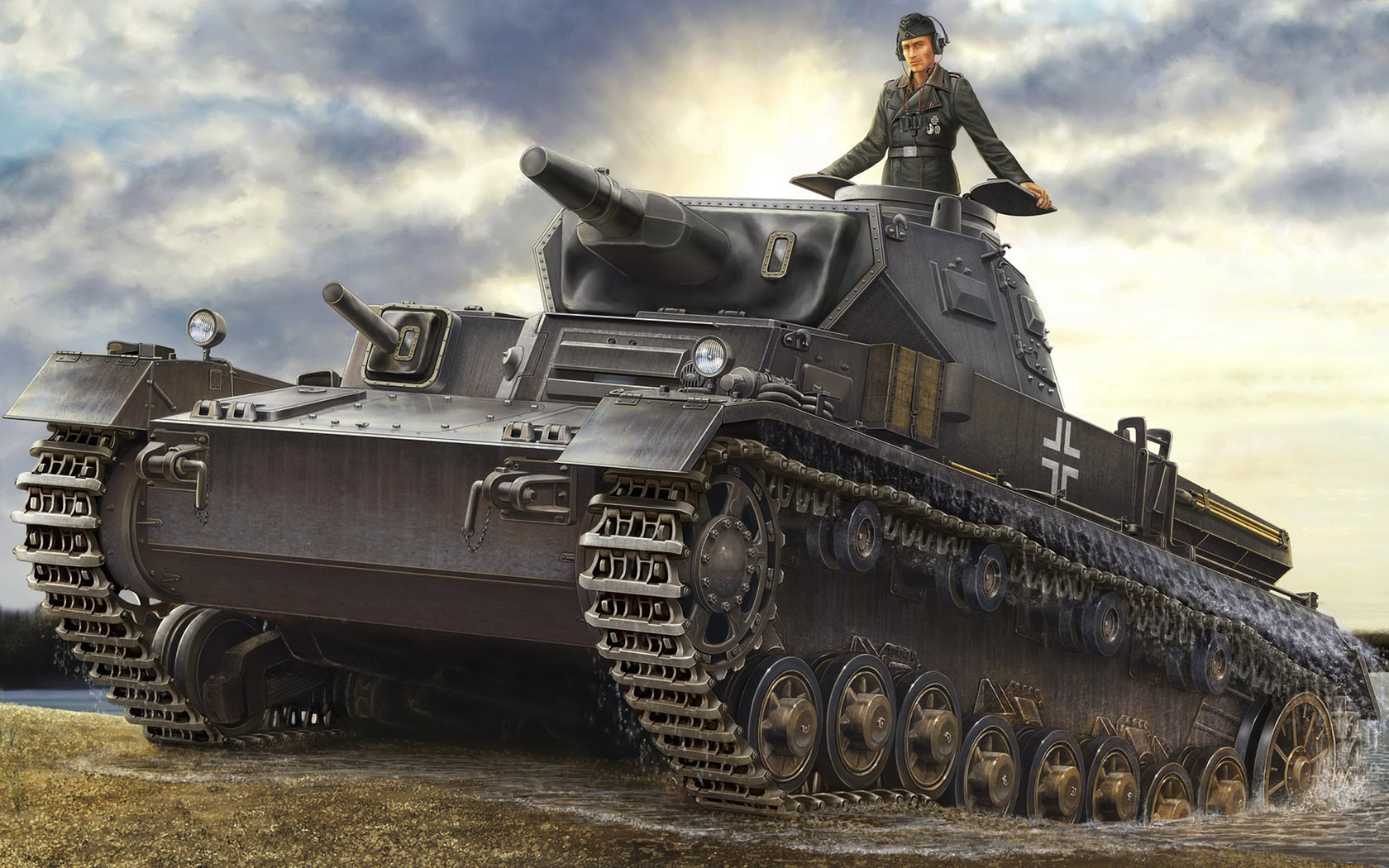 Tank Military Army Military Vehicle Artwork Front Angle View Sky Clouds Water Uniform Hat Headphones 1680x1050