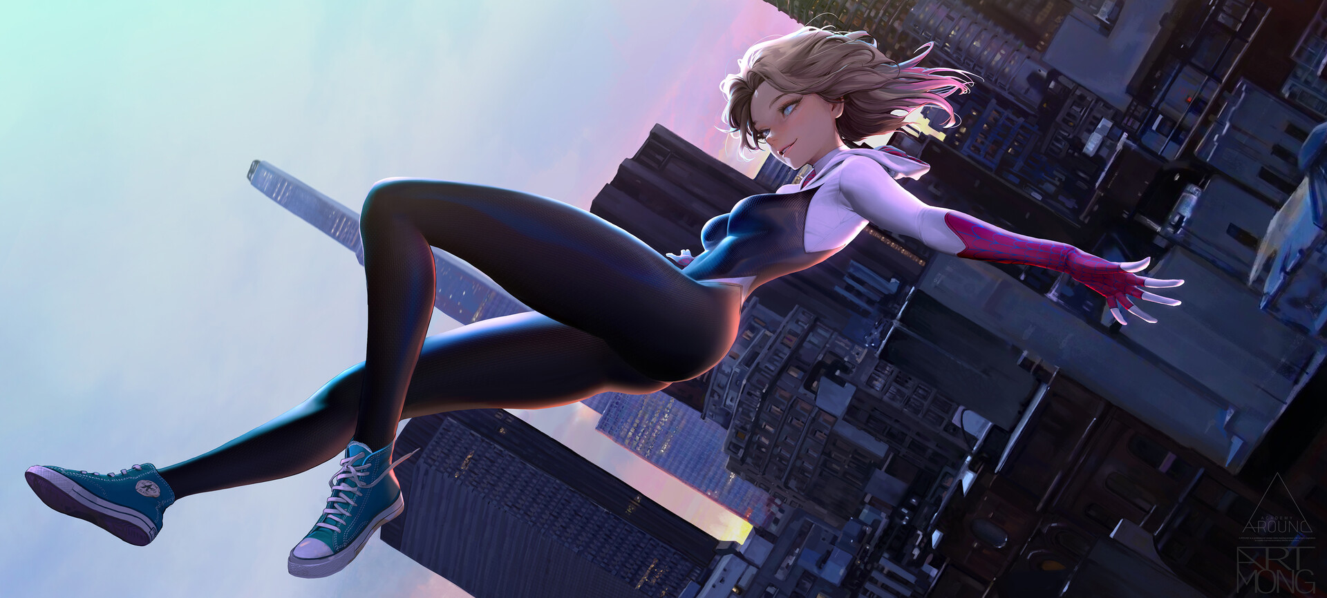 Artmong Drawing Spider Gwen Blonde Sneakers Cityscape Sky Bodysuit Superheroines Falling City Buildi 1920x866