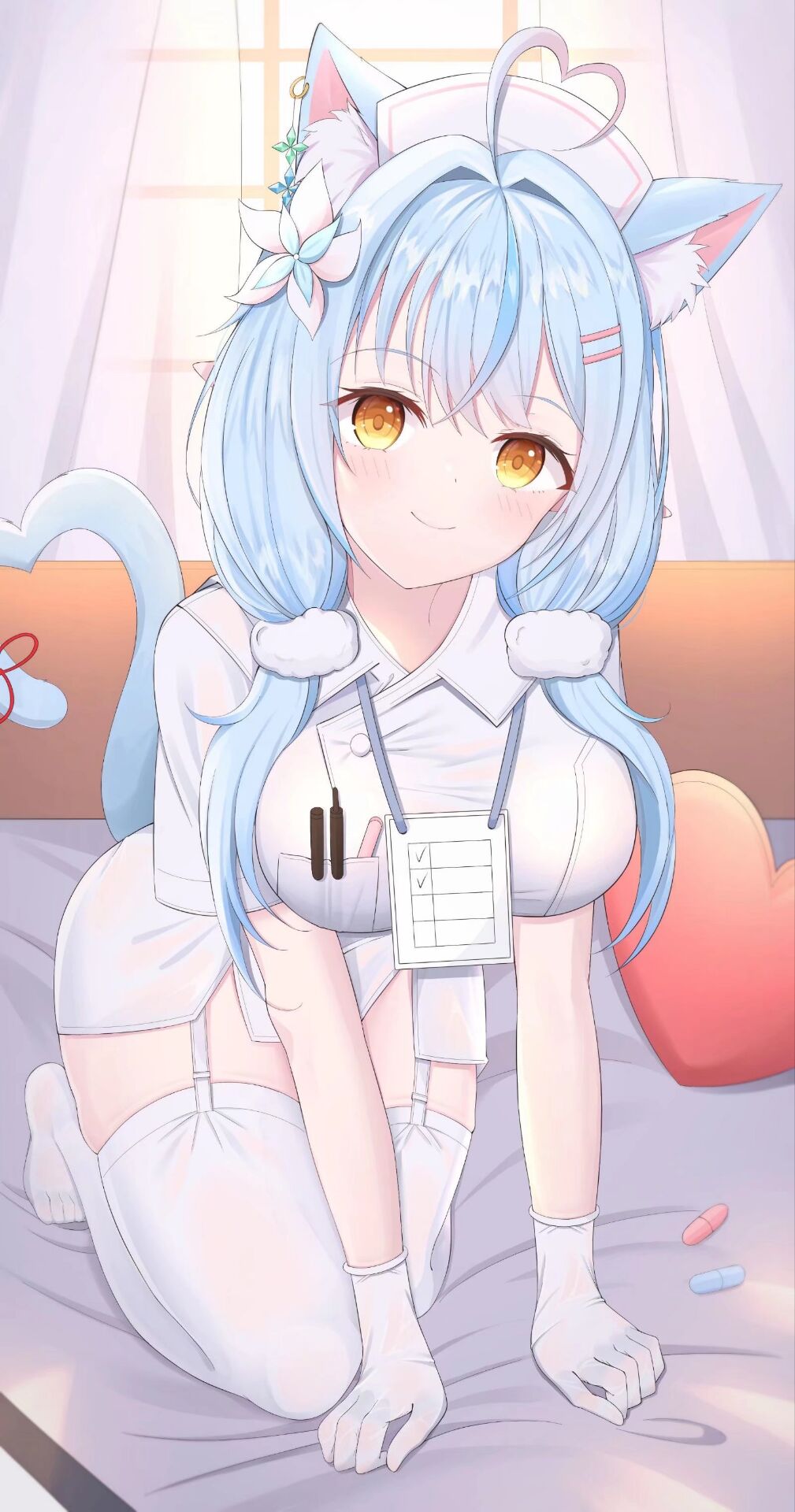 Anime Girls Cat Girl Vertical Cat Ears Cat Tail Nurses Nurse Outfit Gloves Pills Yellow Eyes Blue Ha 1009x1920