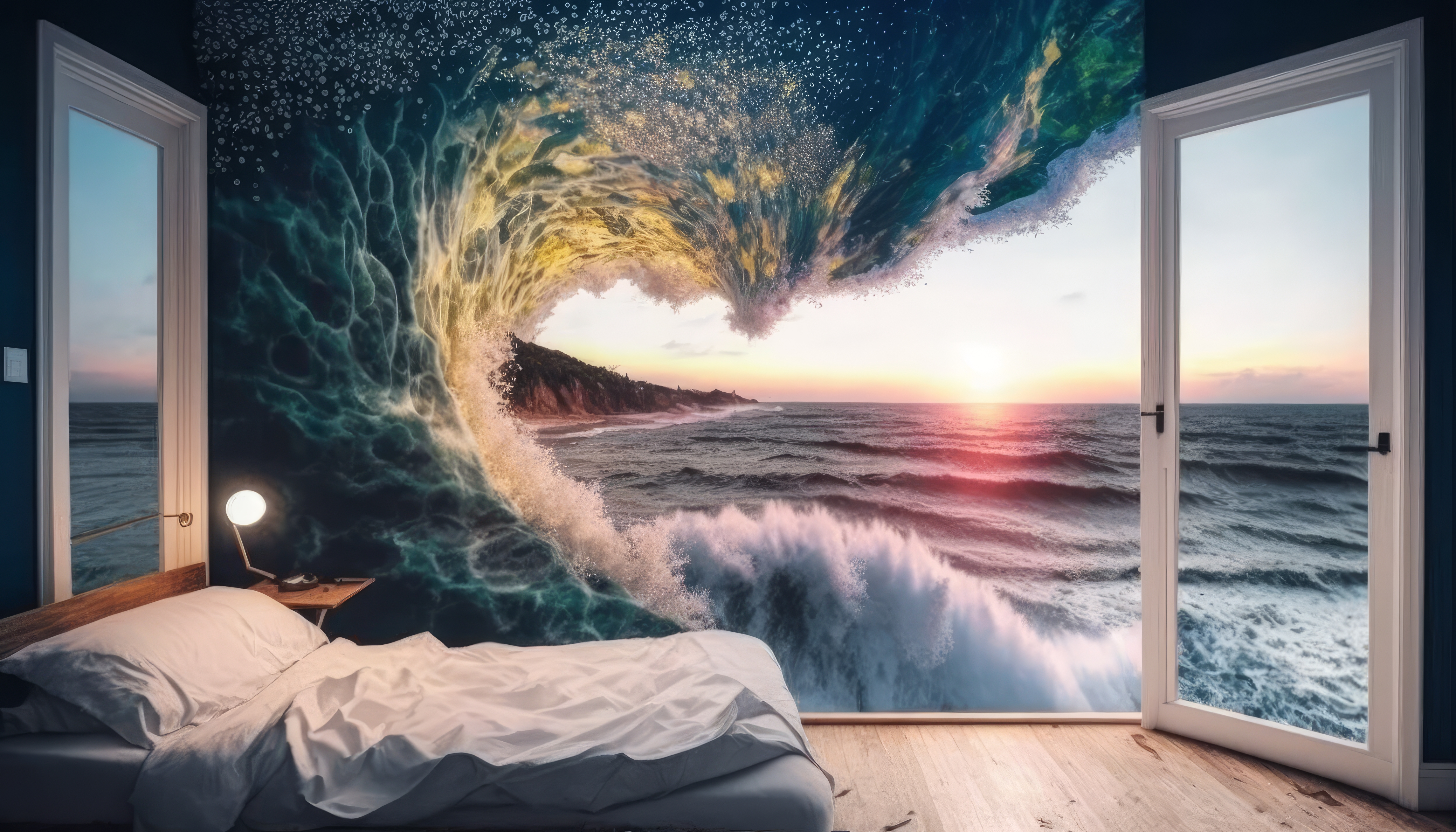 Ai Art Illustration Surreal Waves Bedroom Retouching Sunset Glow Water Bed Pillow 4579x2616