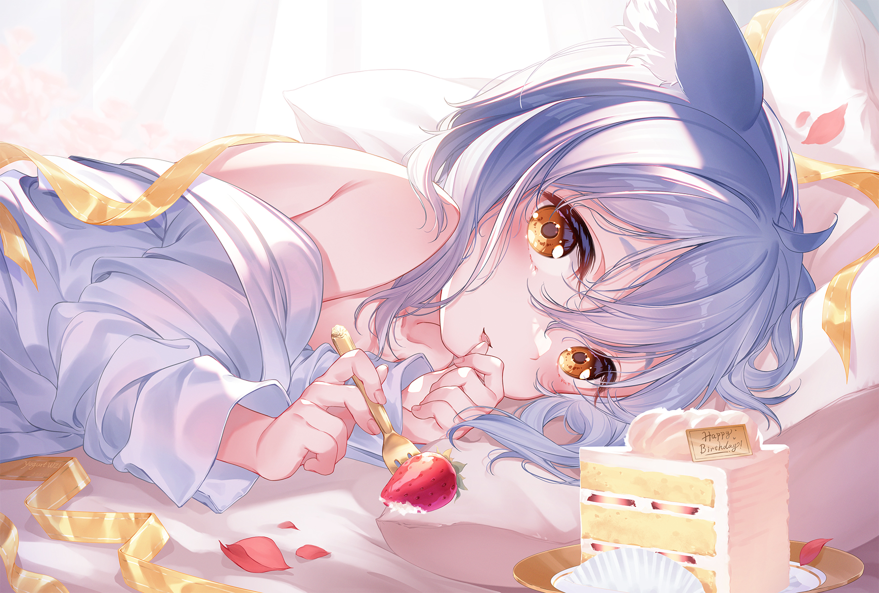 Anime Anime Girls Lying On Front Sweets Cake Strawberries Looking At Viewer Blushing Short Hair Anim 1778x1200