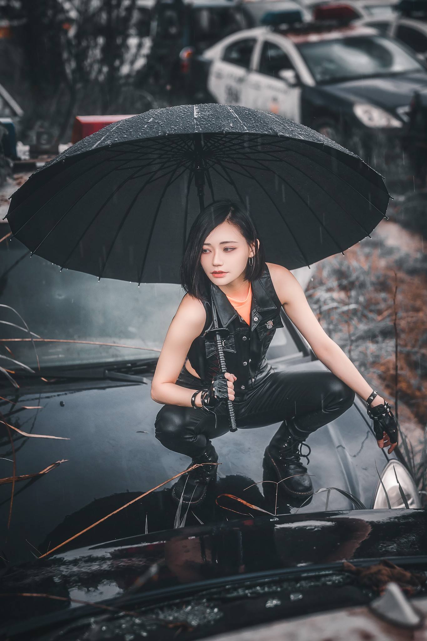 Asian Women Model Junkyard Umbrella Women With Umbrella Car Vehicle Car Wreck Black Hair Red Lipstic 1365x2047