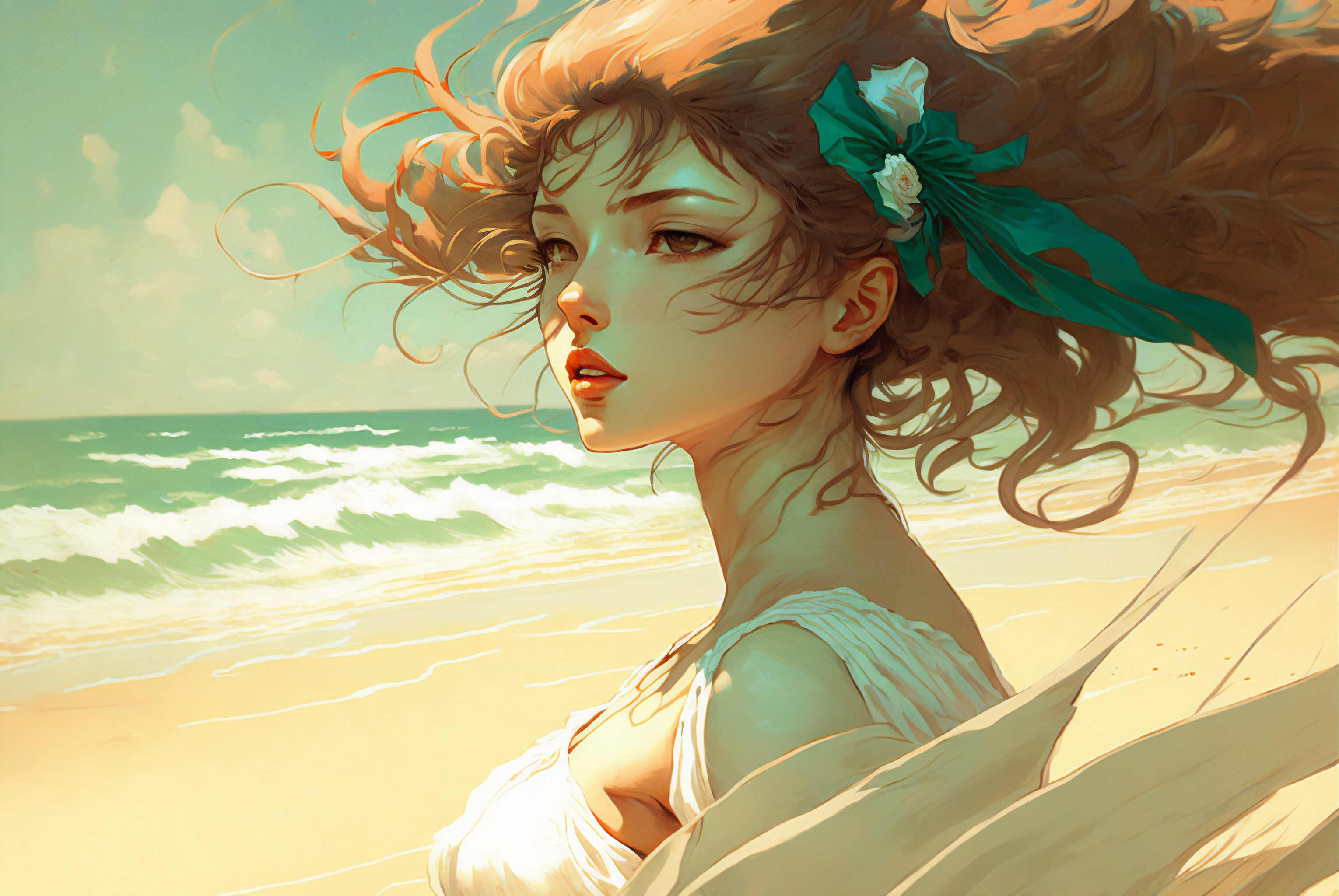 Ai Art Illustration Women Beach Wind Waves Sand Sun 3060x2048