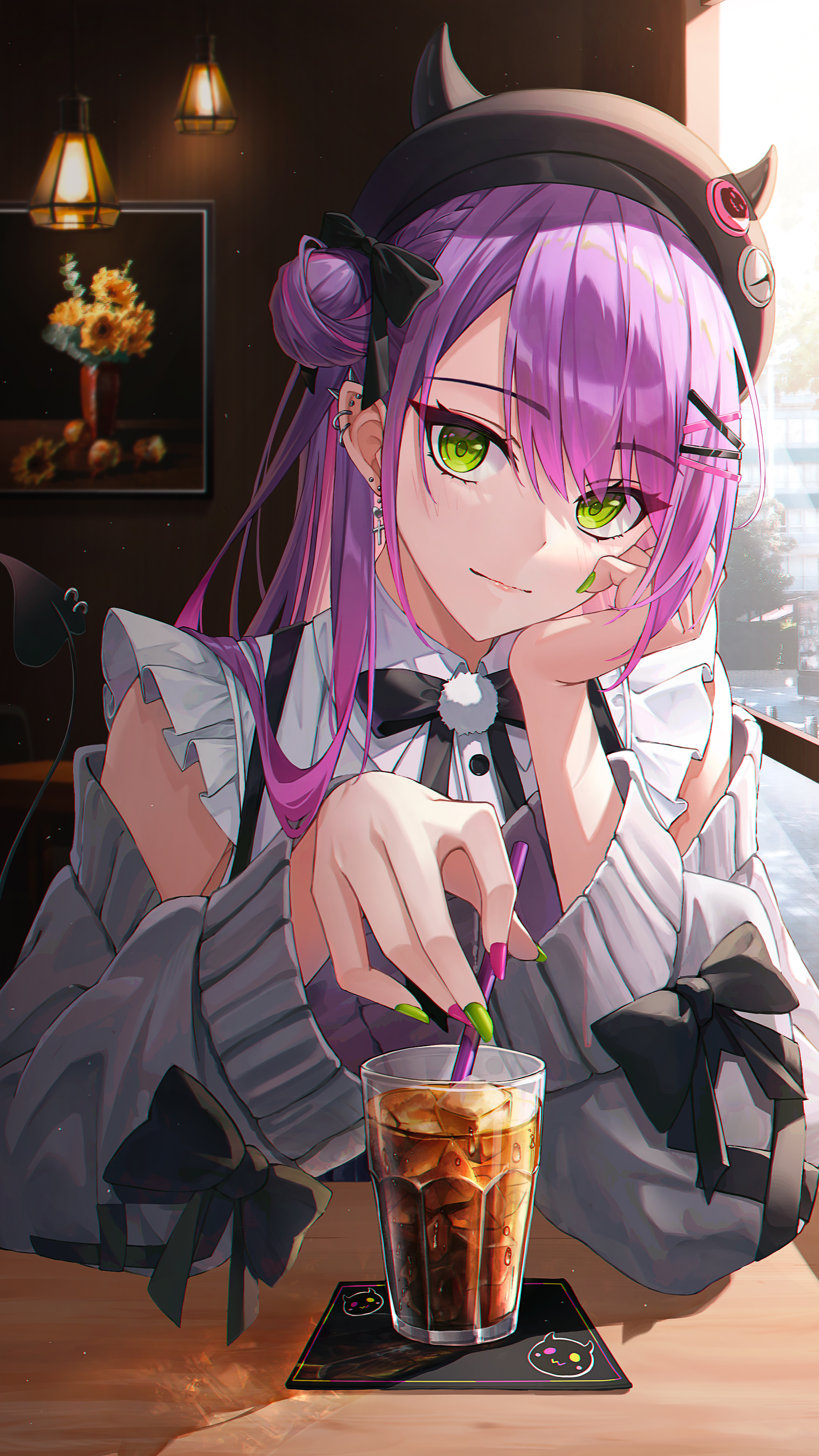 Anime Anime Girls Hololive Virtual Youtuber Tokoyami Towa Green Eyes Purple Hair Drink Hat 3375x6000