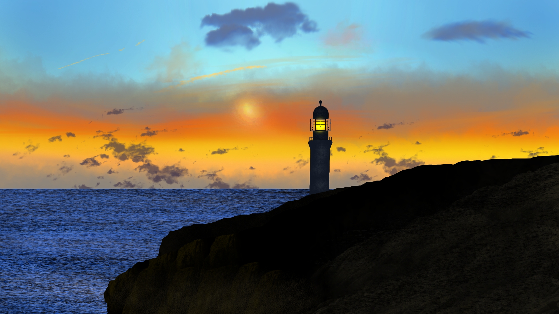 Digital Painting Digital Art Lighthouse Landscape Twilight Silhouette Water Sunset Glow Sky Clouds 1920x1080