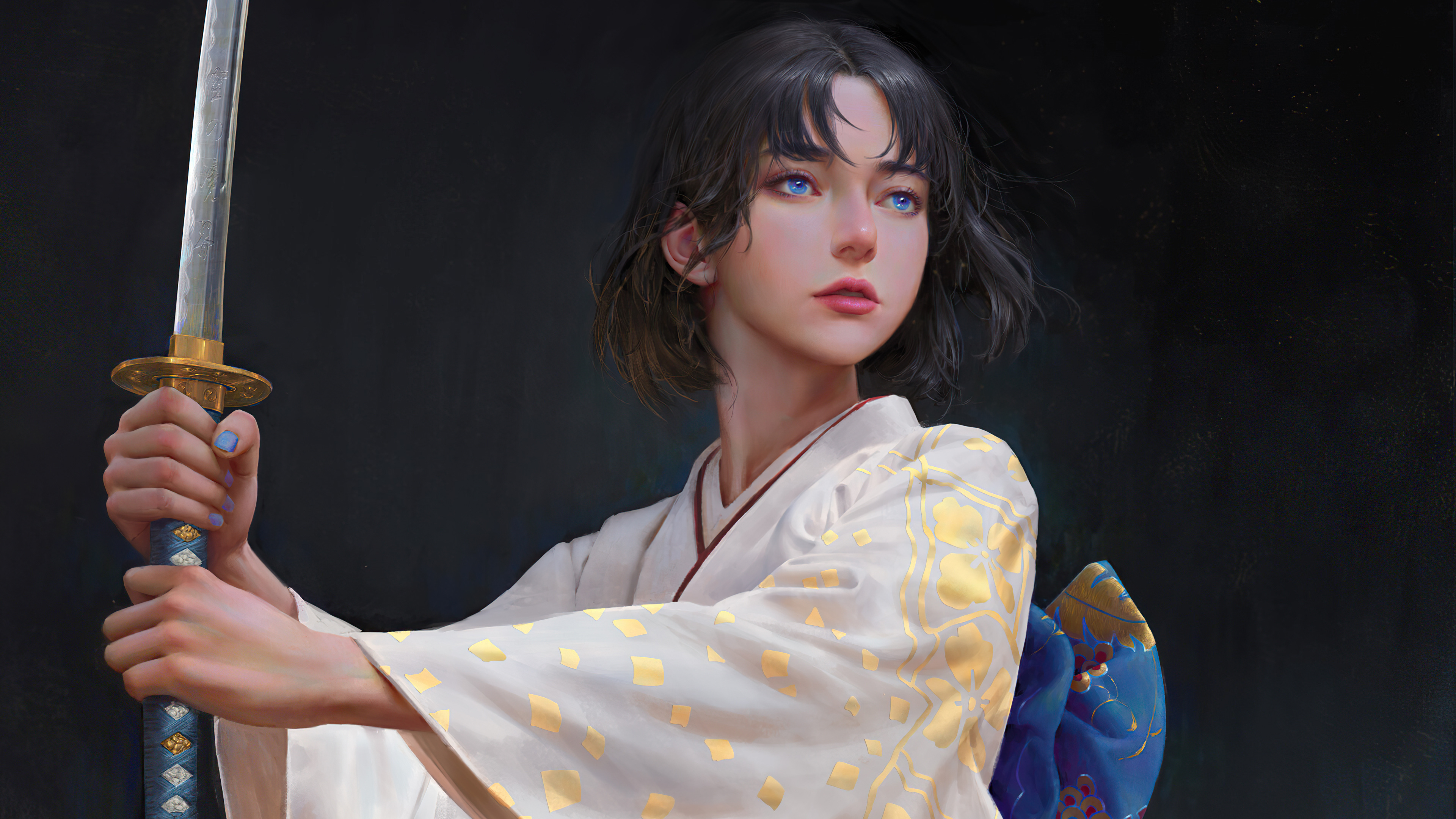Japanese Kimono Katana Blue Eyes 3840x2160