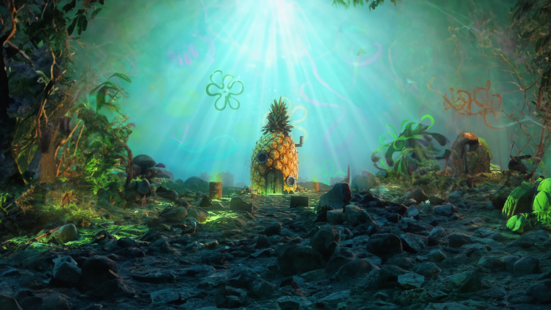 Spongebob Pineapple Underwater CGi Digital Art Sunlight Rocks 1920x1080