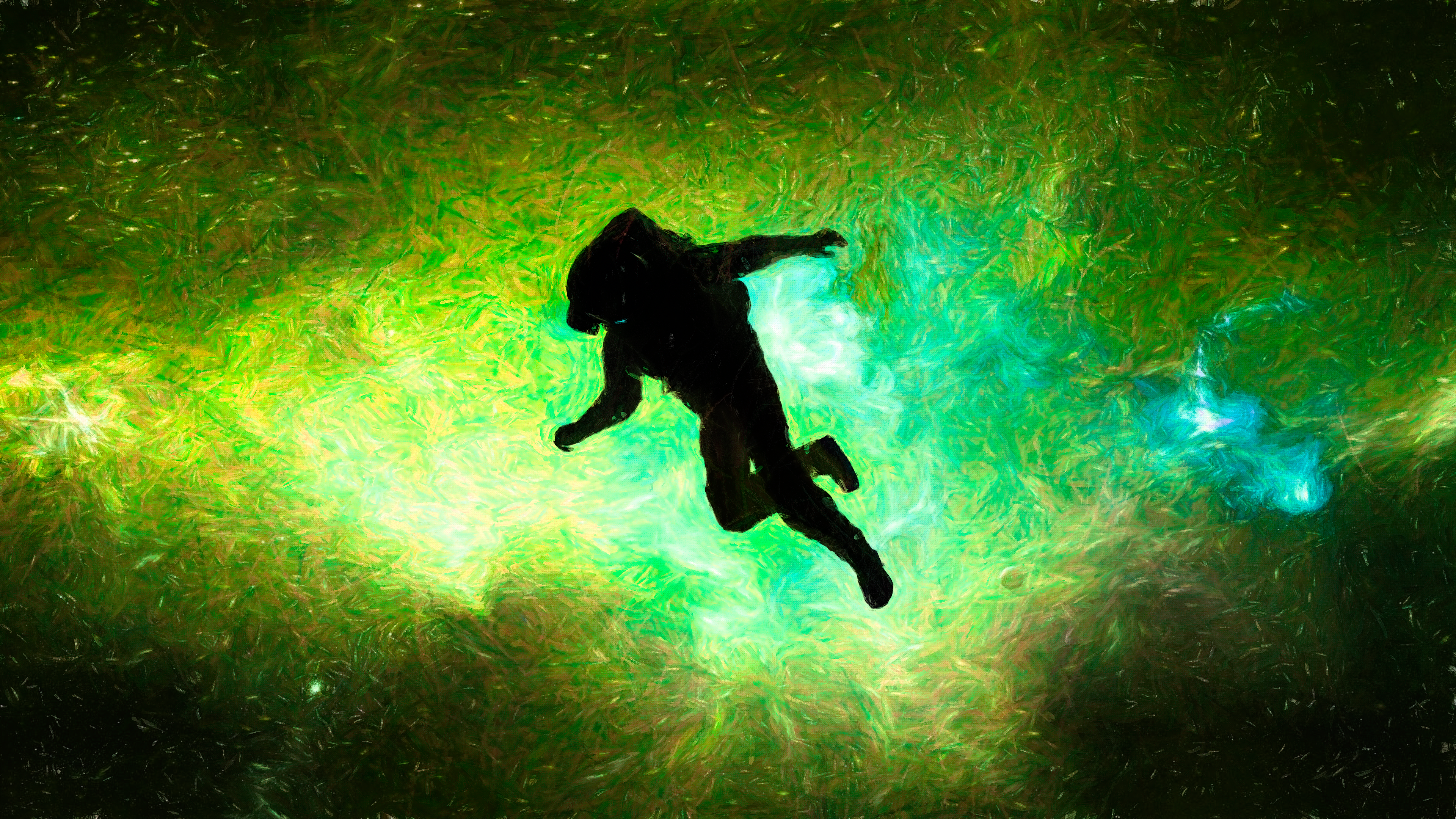 3D CGi Digital Art Shaders Space Art Astronaut Floating Green Stars 3840x2160