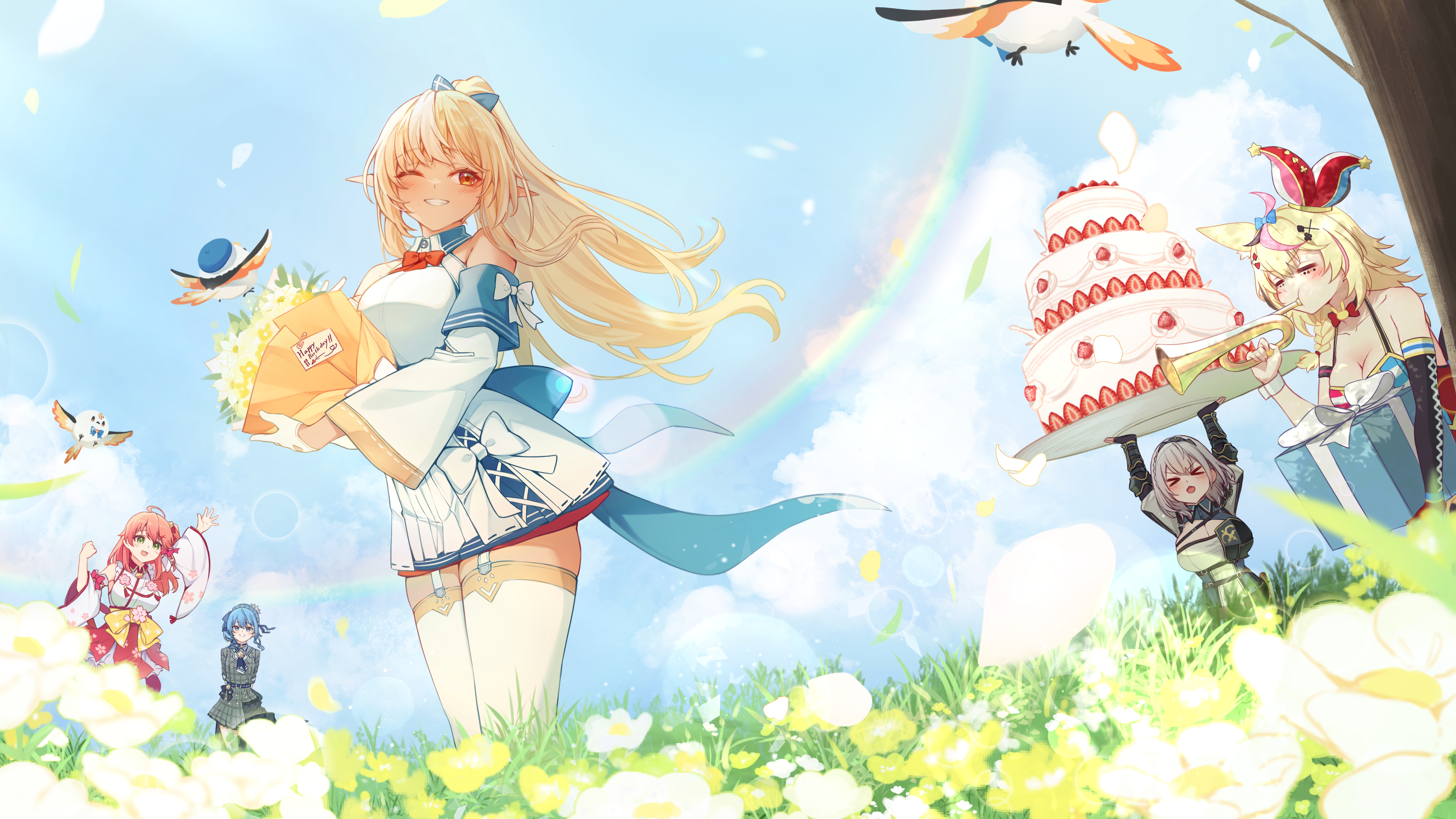 Anime Anime Girls Cake One Eye Closed Blushing Pointy Ears Sky Clouds Rainbows Flowers Petals Strawb 3840x2160