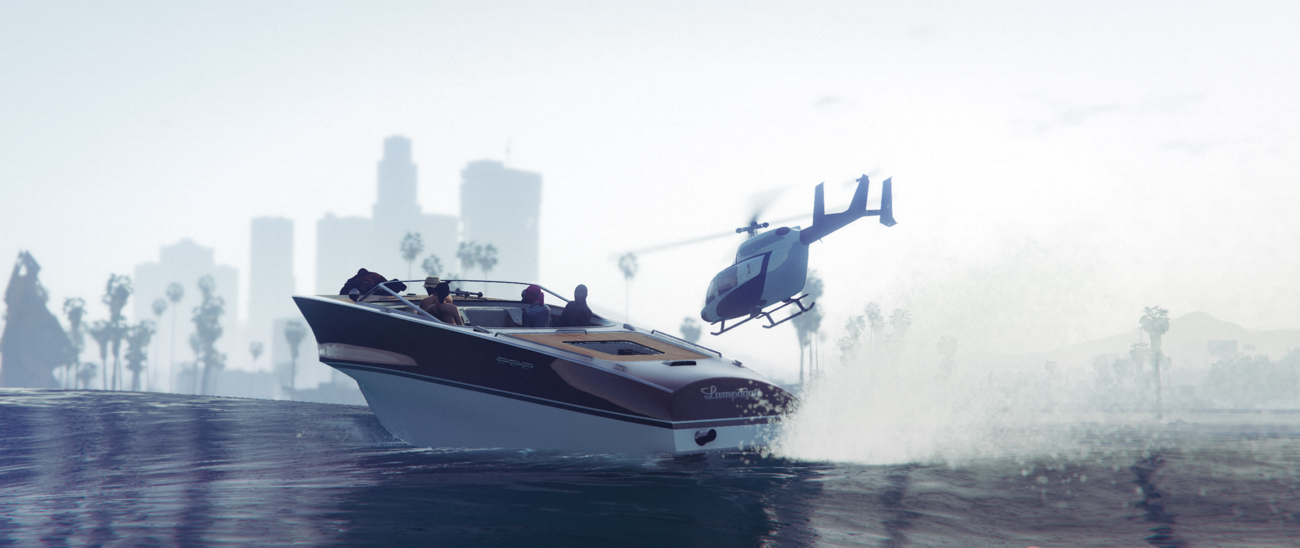 Grand Theft Auto V Screen Shot Grand Theft Auto Video Games CGi Water Boat Helicopters Aircraft Vide 2560x1080
