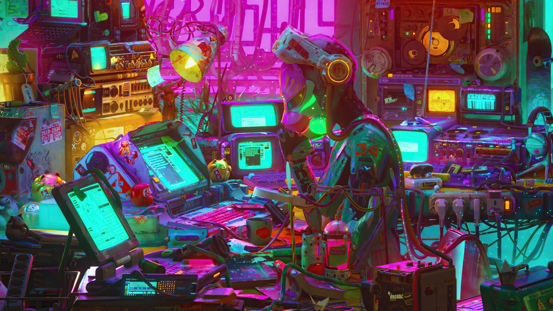 Digital Art Artwork Illustration Room Indoors Environment Science Fiction Colorful Cyberpunk Compute 1920x1080