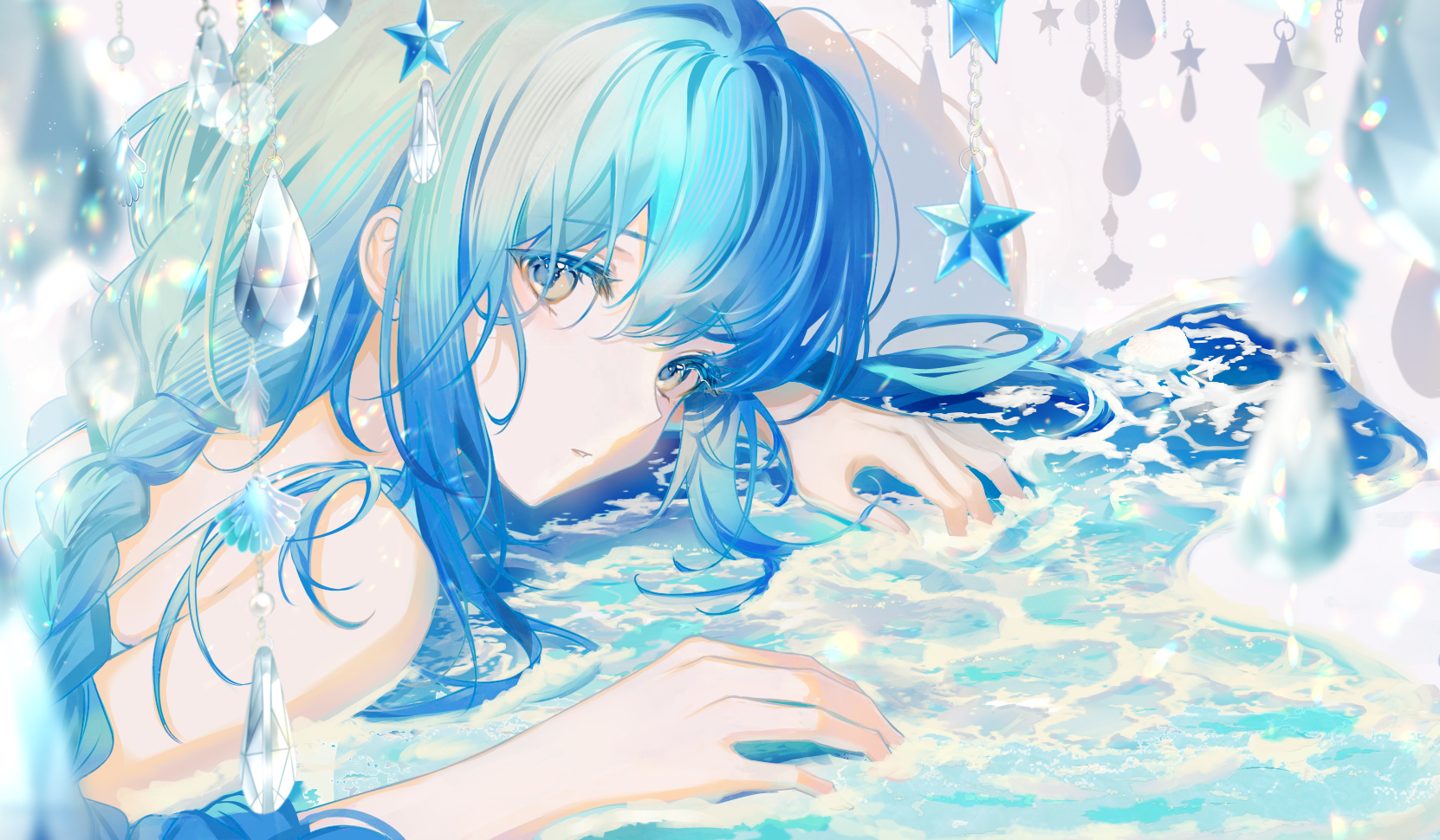 Anime Anime Girls Blue Hair Blue Eyes Lying Down Lying On Front Braids Water Stars Looking At Viewer 1662x970