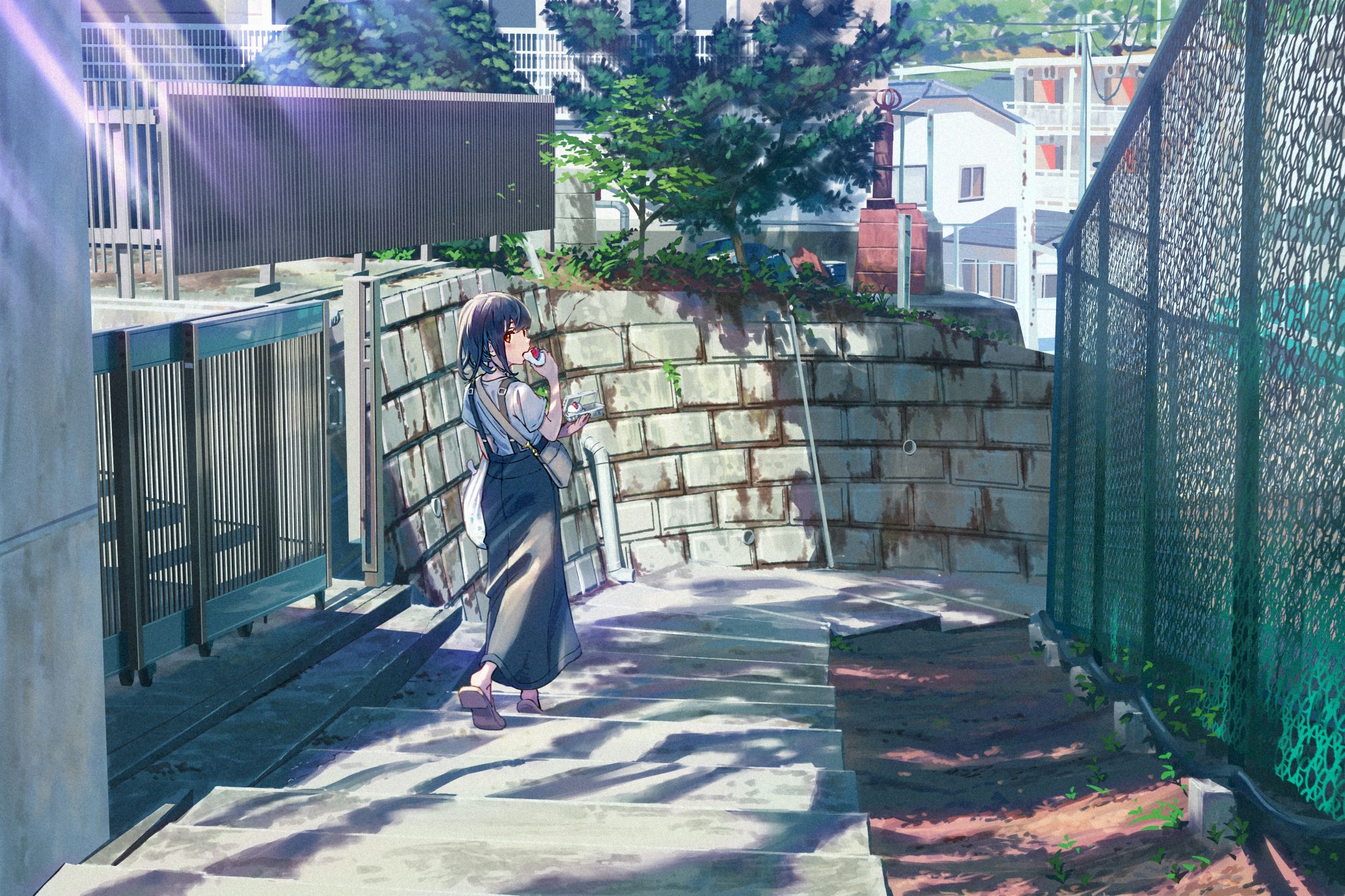 Anime Girls Japan Stairs Sunlight Looking Back Eating Fence Looking At Viewer 2067x1378