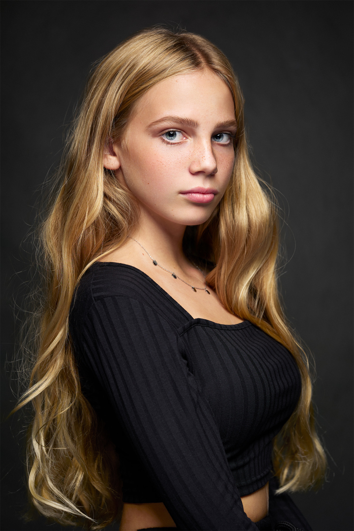Dave Willems Women Blonde Wavy Hair Black Clothing Simple Background Freckles Blue Eyes 1365x2048